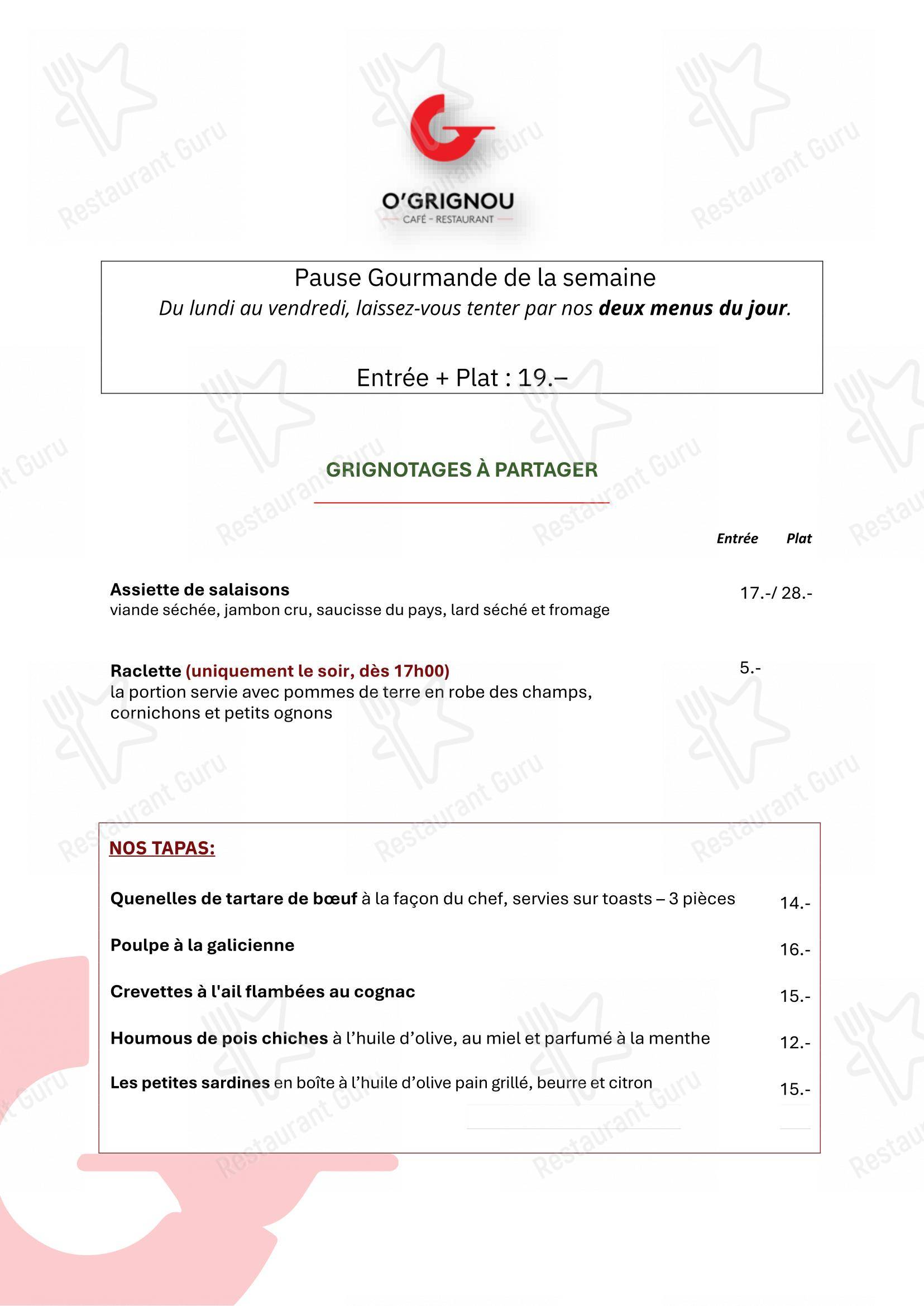 Menu pour Café-restaurant O'Grignou dans Sierre