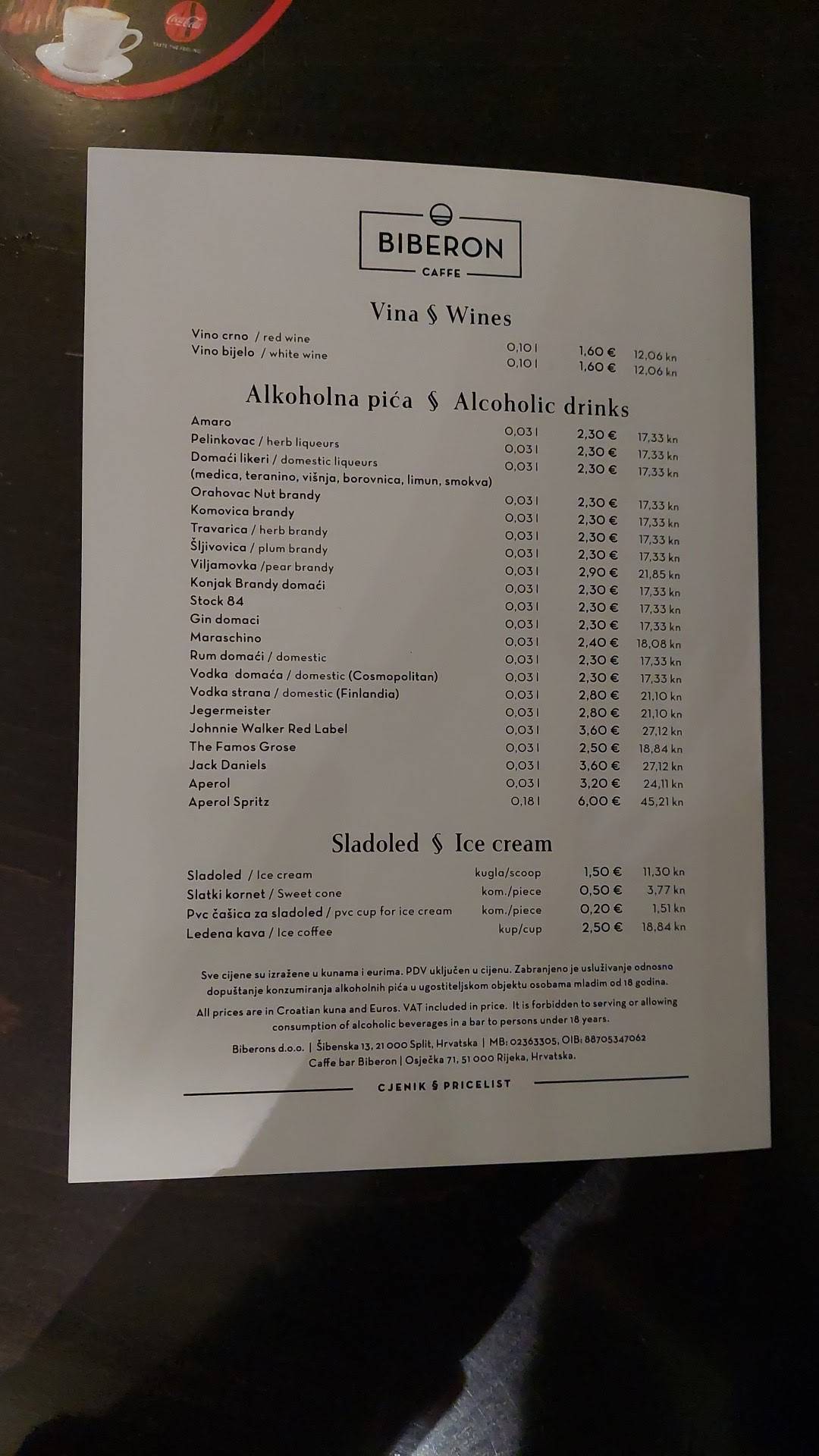 Menu di Caffe bar Biberon Rijeka 