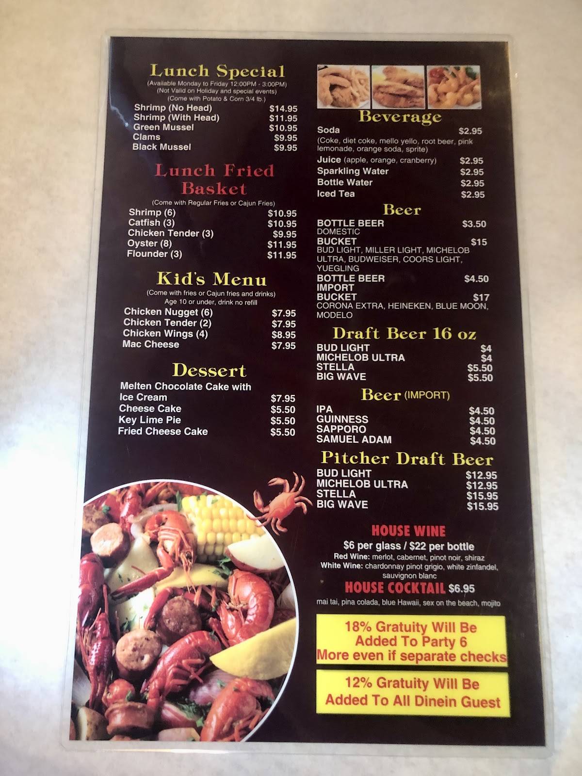 Menu at Cajun Crab Hut pub & bar, St. Augustine