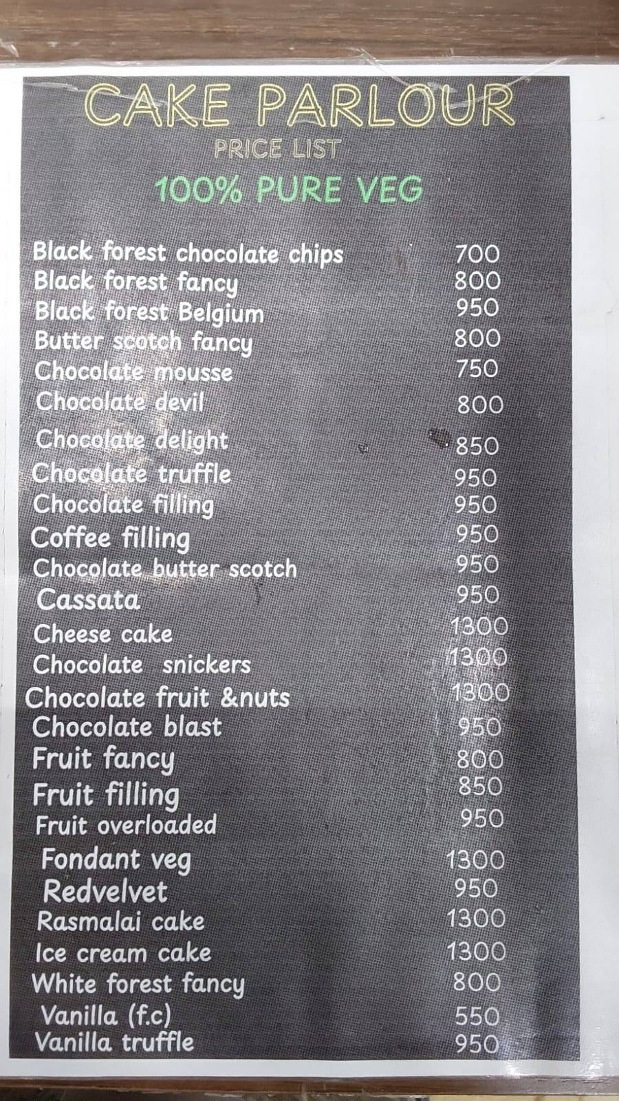 Cake Parlour menu