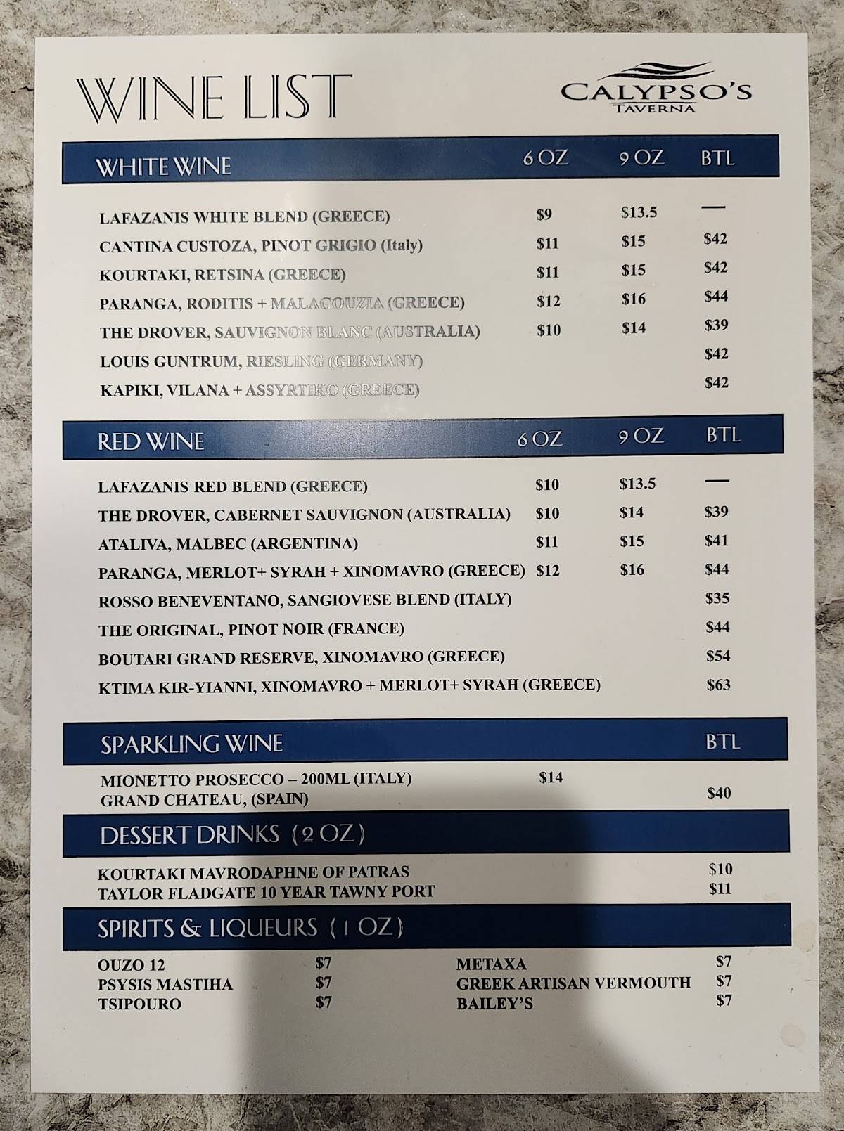 Menu de Brunch Glory & Calypso’s Greek Taverna