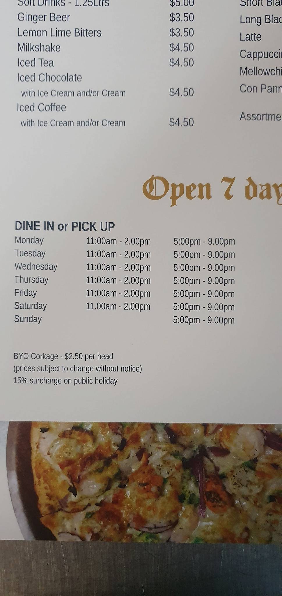 Menu at Camelot Gourmet Pizza restaurant, Benowa, Bronberg Plaza