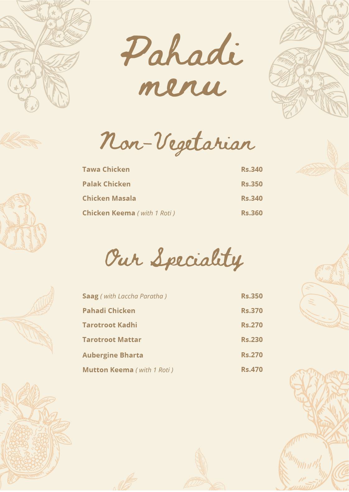 Pahadi Roots menu