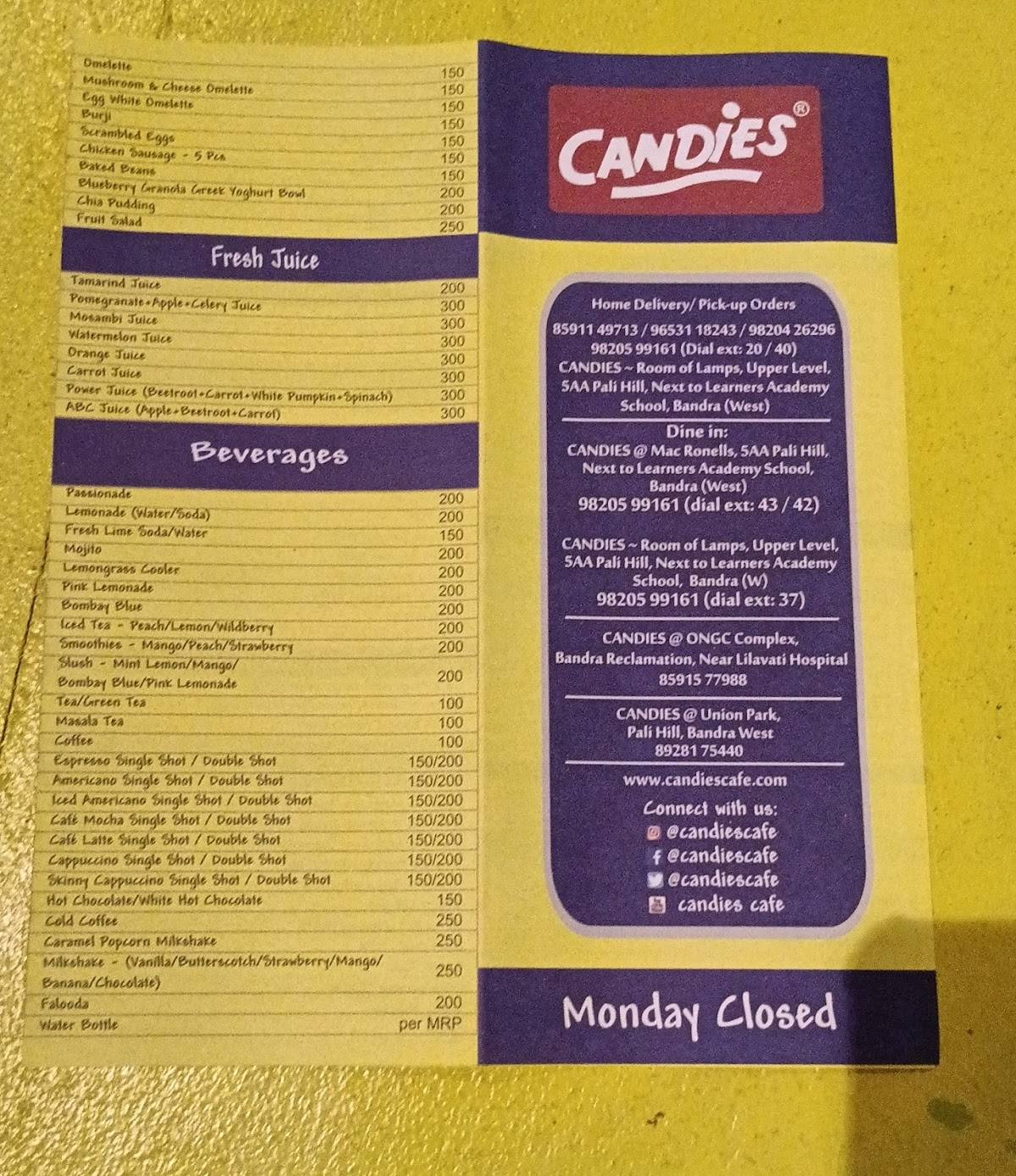 Candies menu