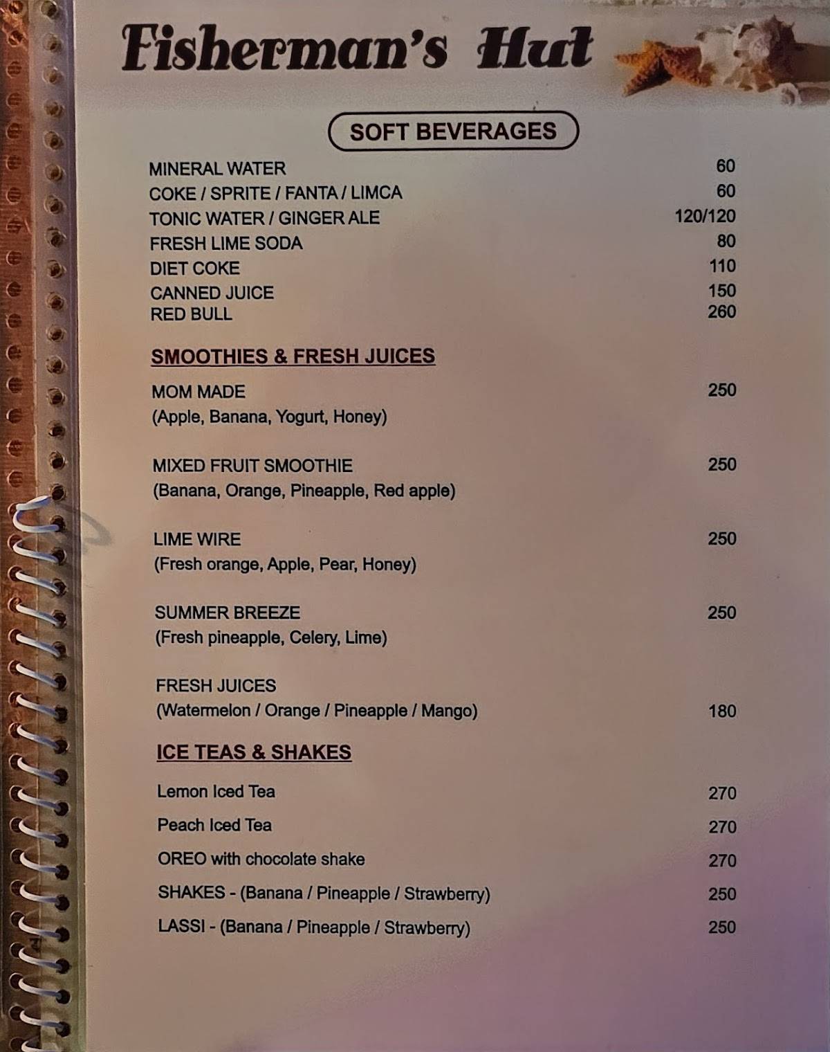 Fisherman's Beach Shack Restaurant Candolim Goa menu