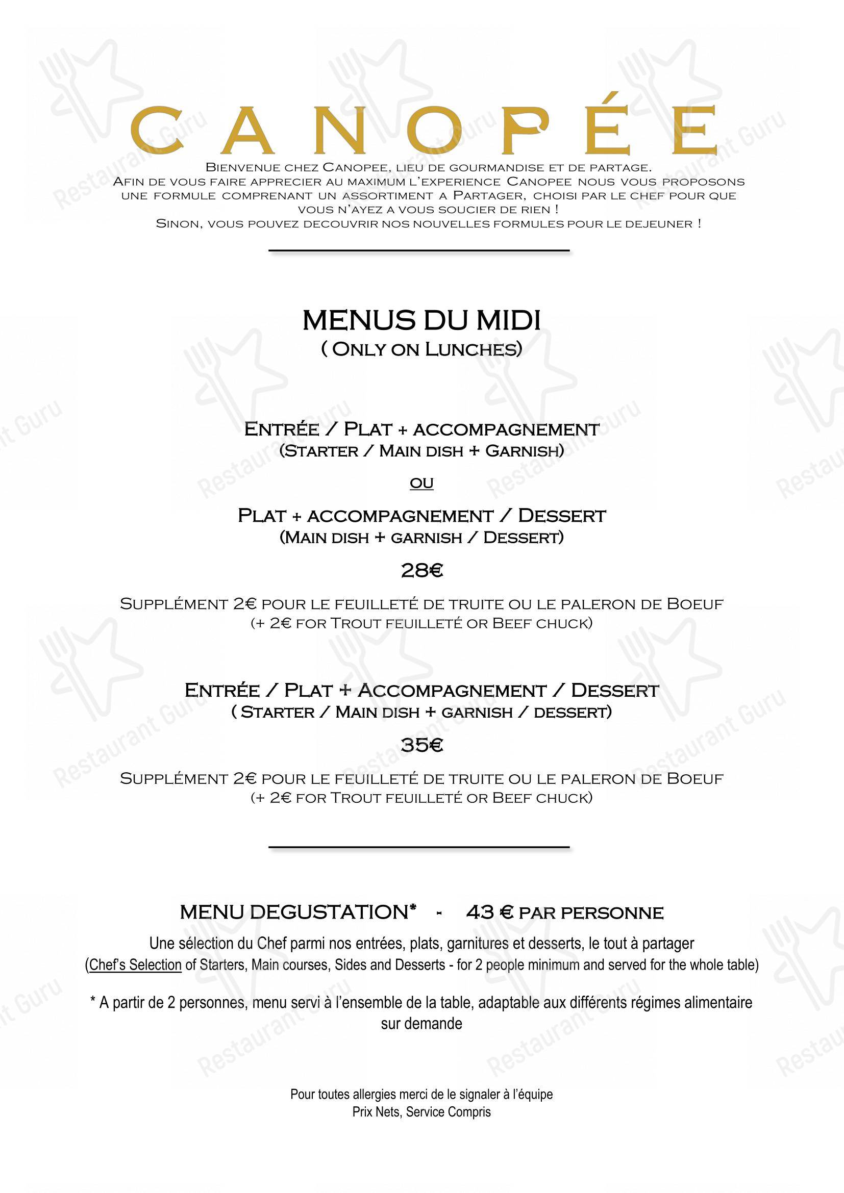 Menu pour Canopée dans Lyon