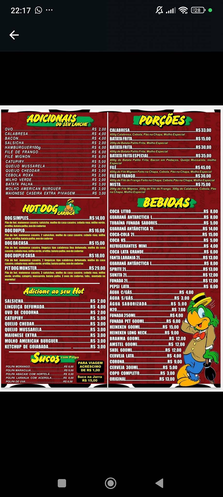 Carioca lanches cardápio