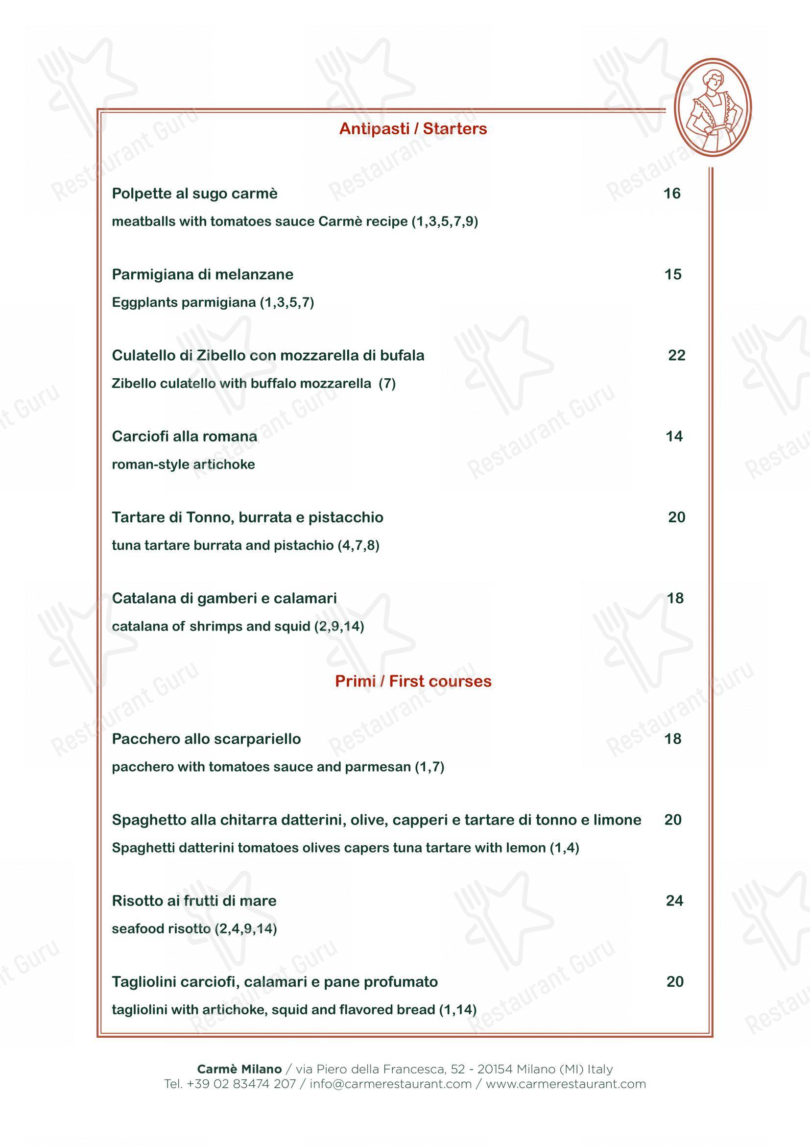 Carmè Restaurant in Milano - Menu