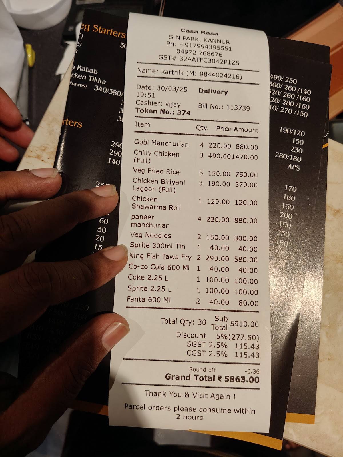 Casa Rasa Kannur menu