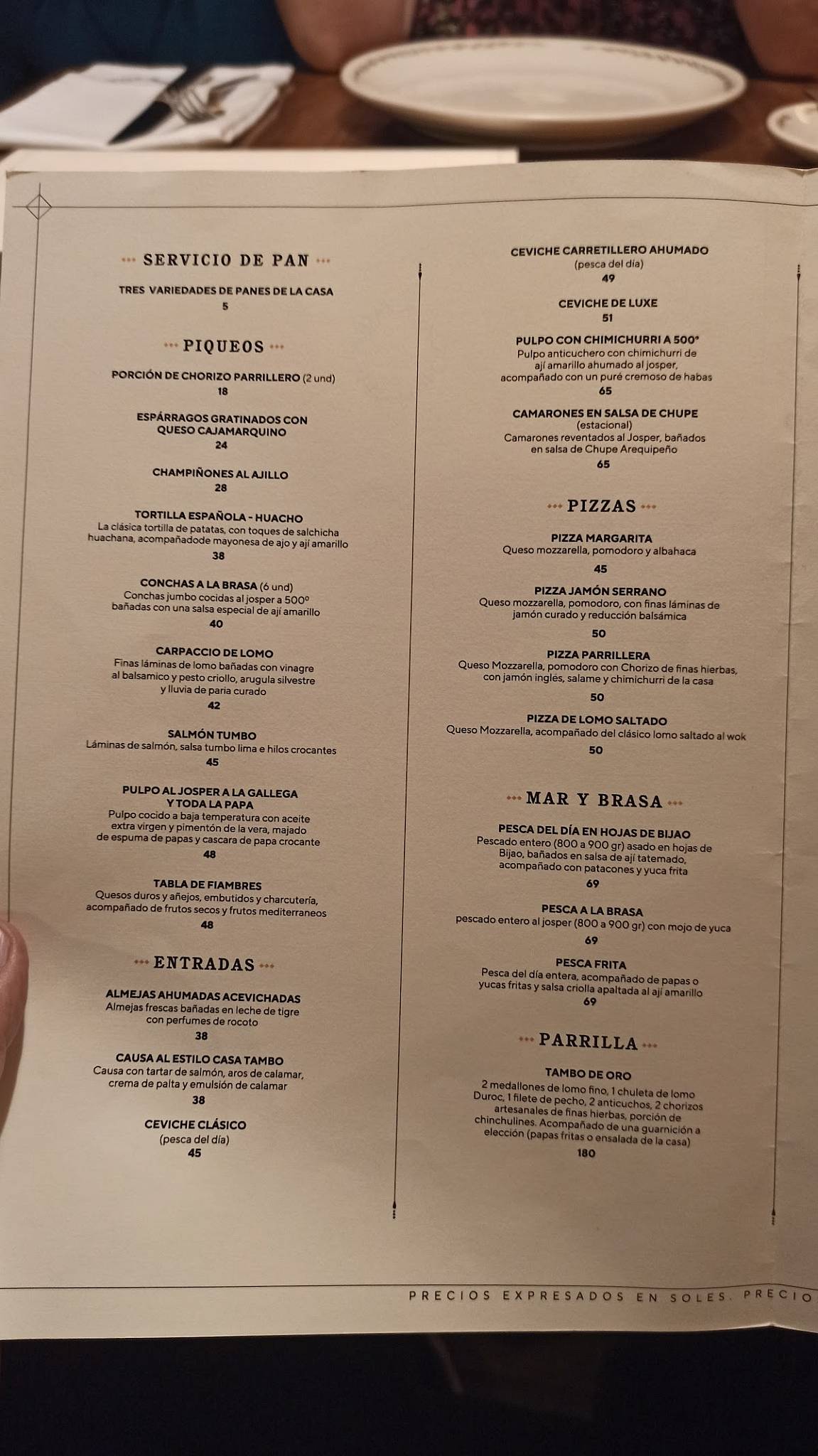 Carta de Casa Tambo Restaurant, Lima