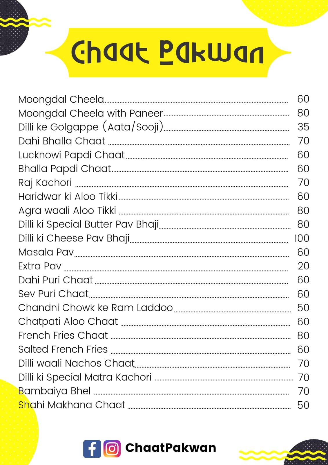 Chaat pacwan menu