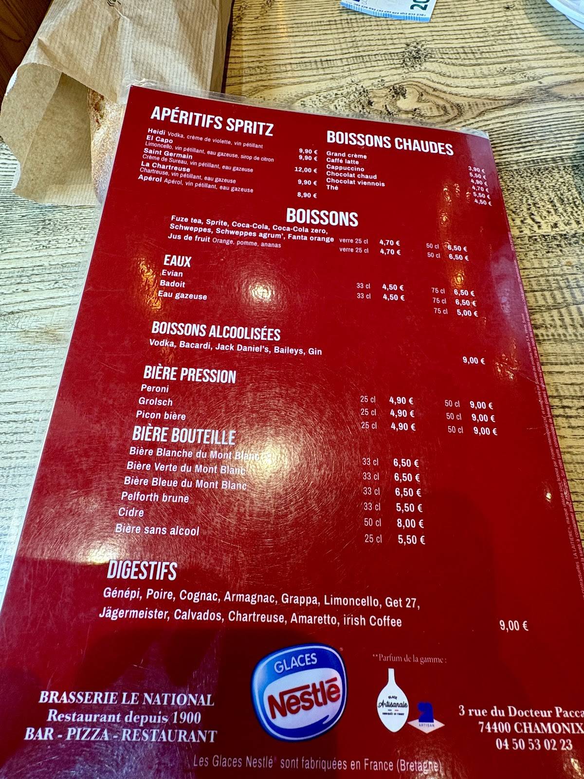 Menu de Brasserie Le National