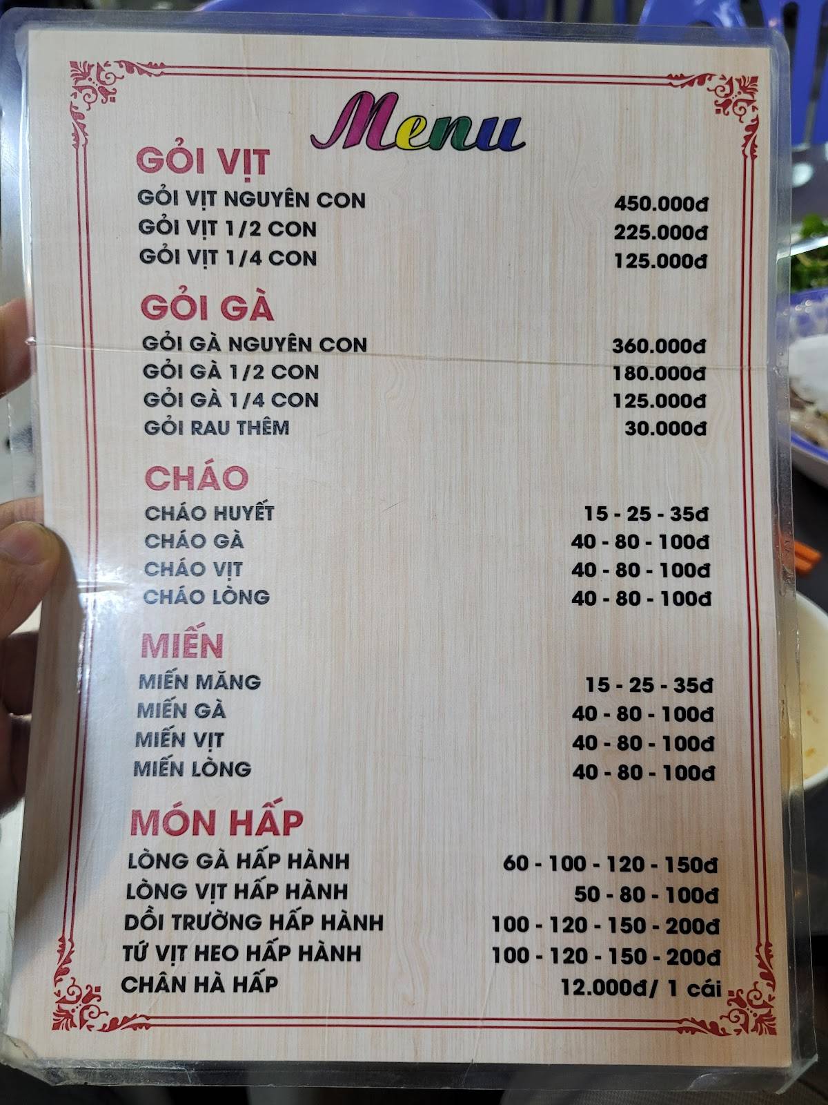Carta del restaurante Cháo gỏi vịt Tường vy 1, Vietnam