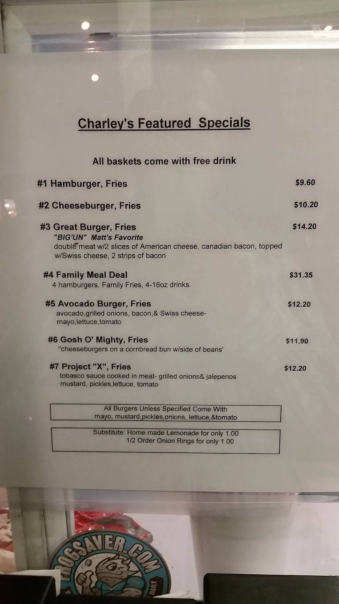 Menu at Charley's Old Fashioned Hamburgers restaurant, Fort Worth
