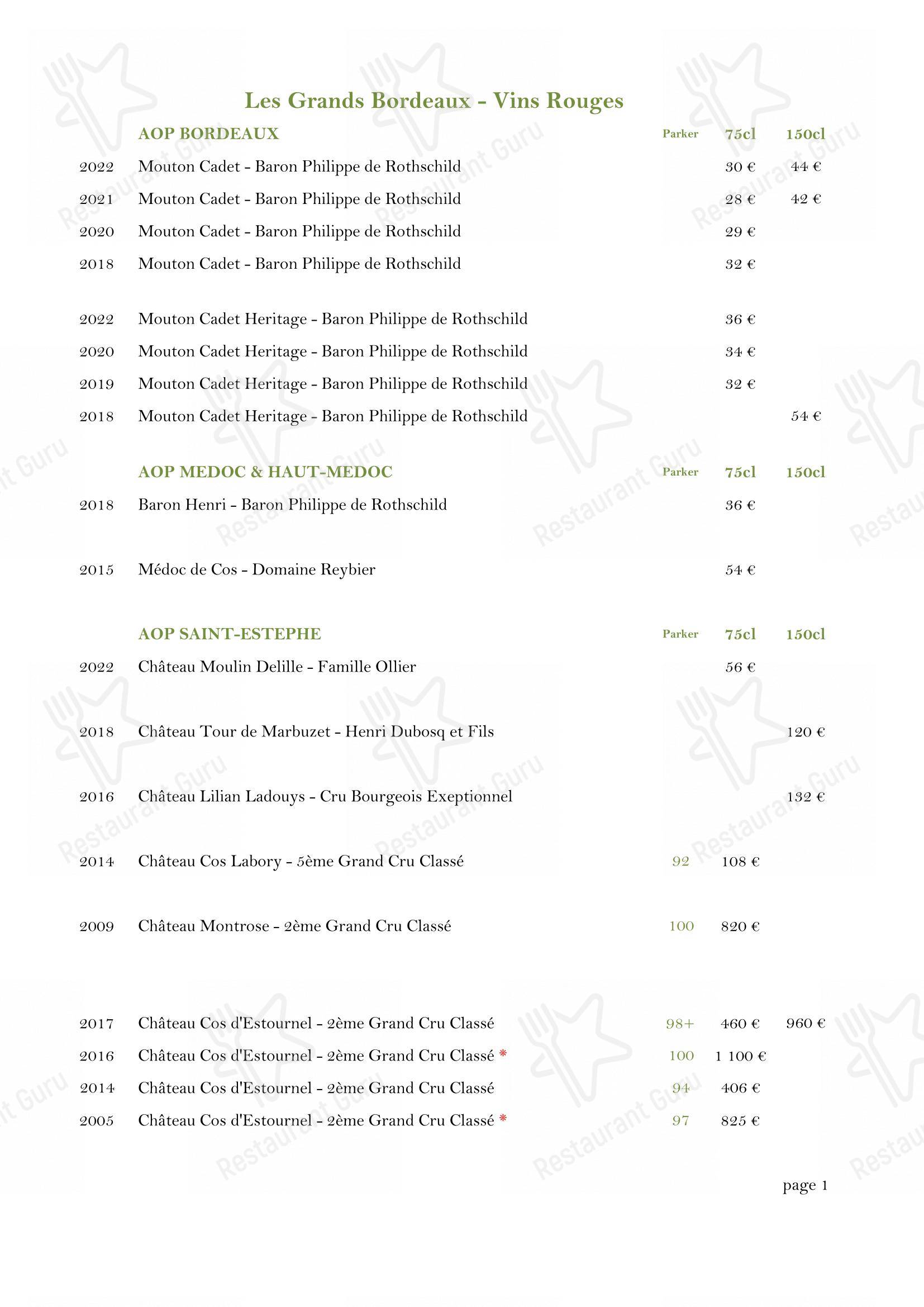 Menu bar pour Château Des Comtes De Challes pub et bar