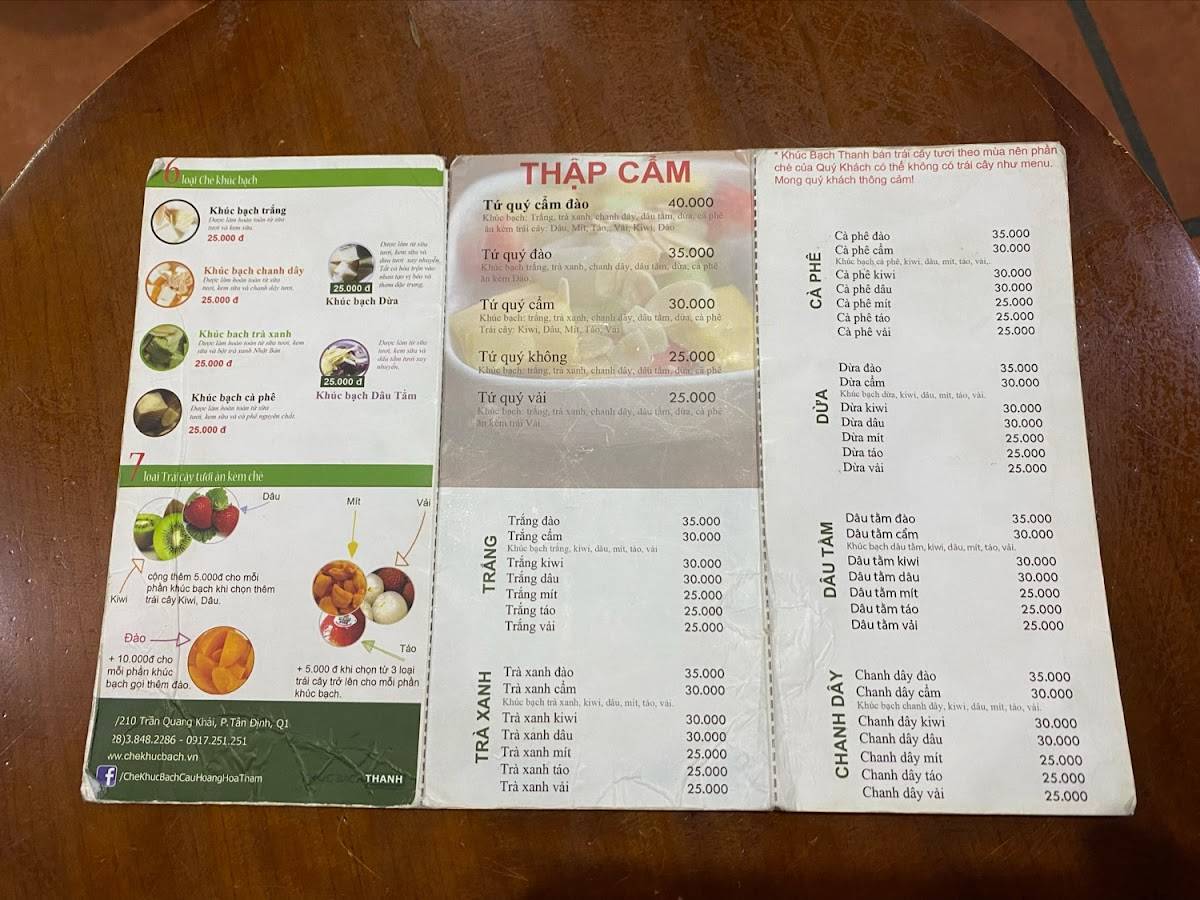Menu at Chè Khúc Bạch Thanh desserts, Ho Chi Minh City