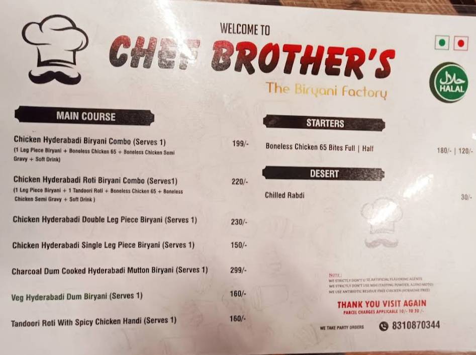 Chef Brothers Biriyani menu