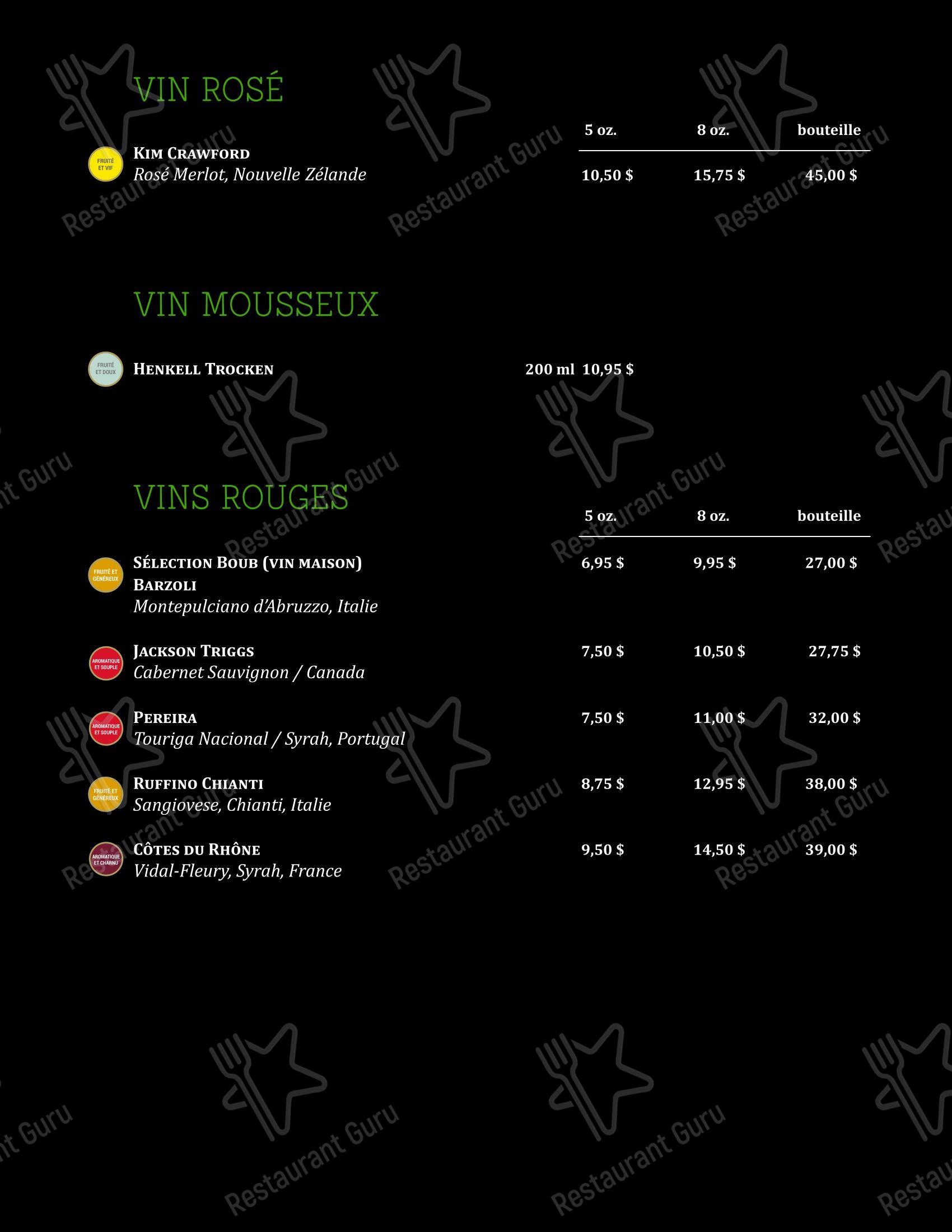 Chez Boub dans Québec - Menu