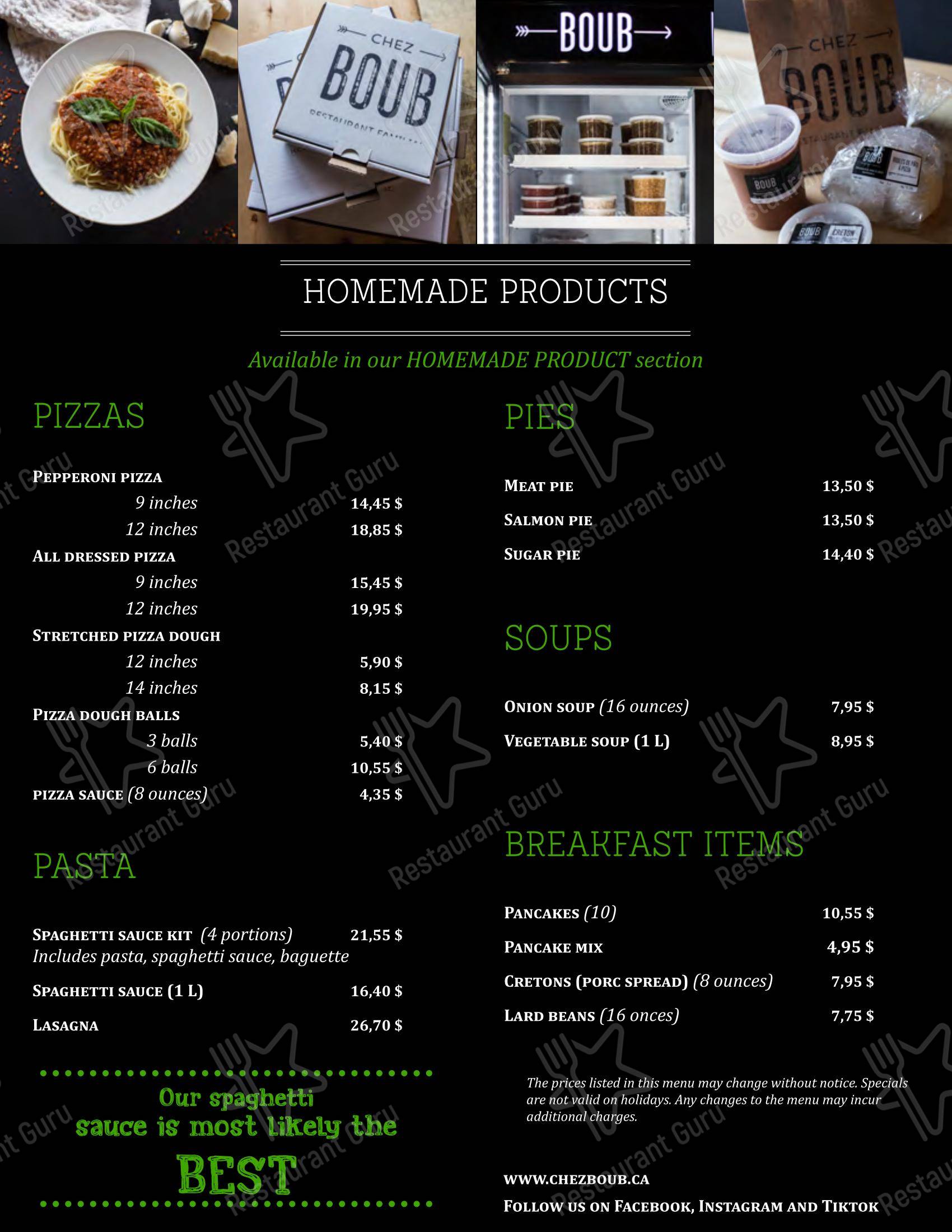 Menu bar pour Chez Boub pizzeria