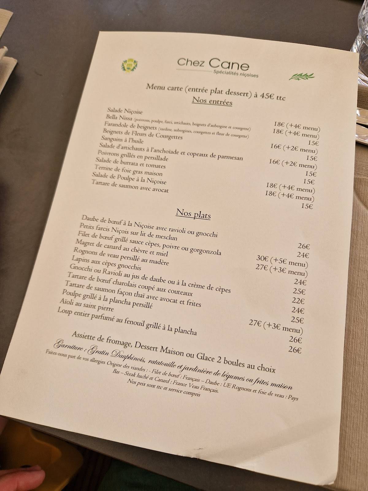 Menu de Chez Cane