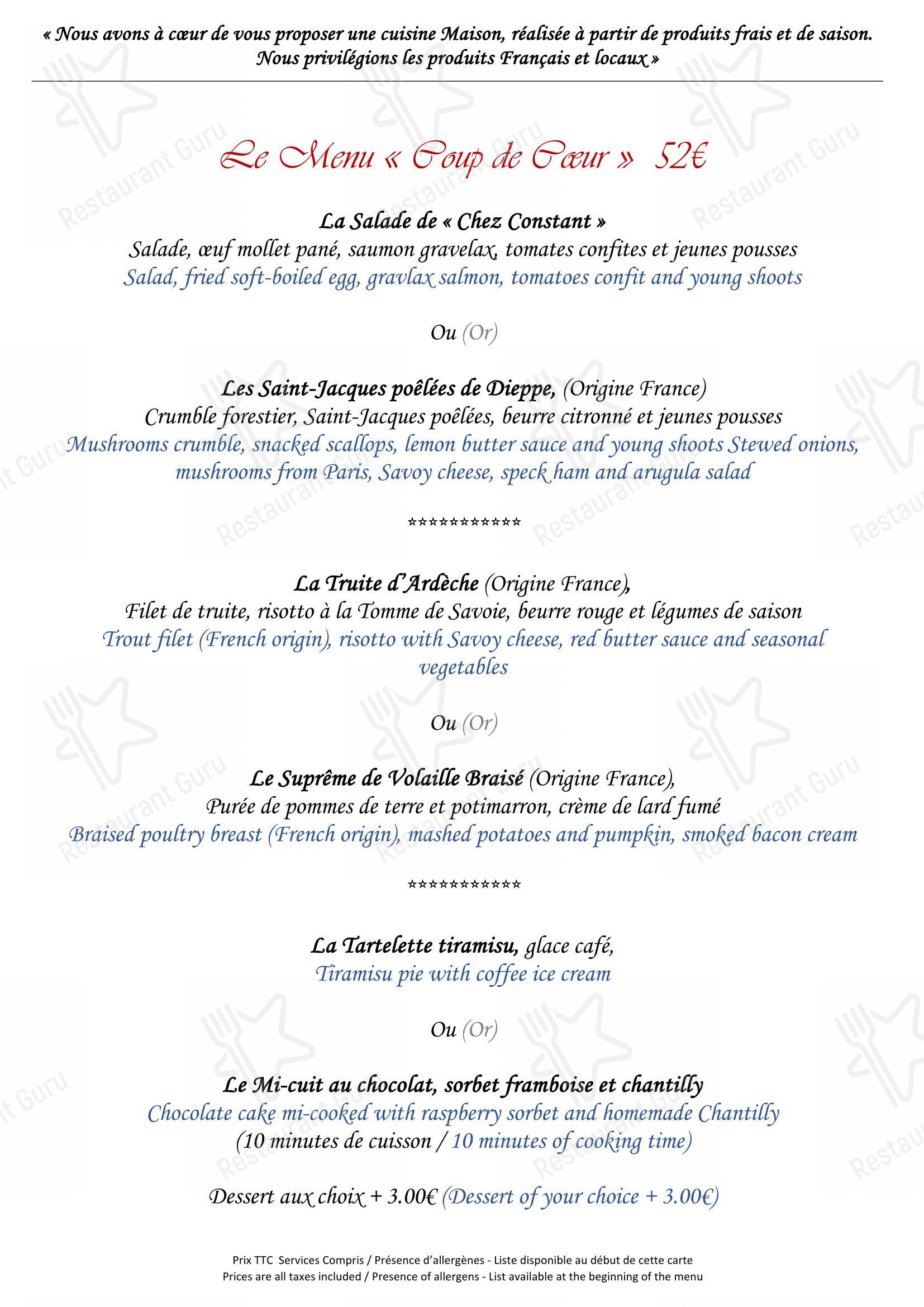 Menu pour Chez Constant restaurant