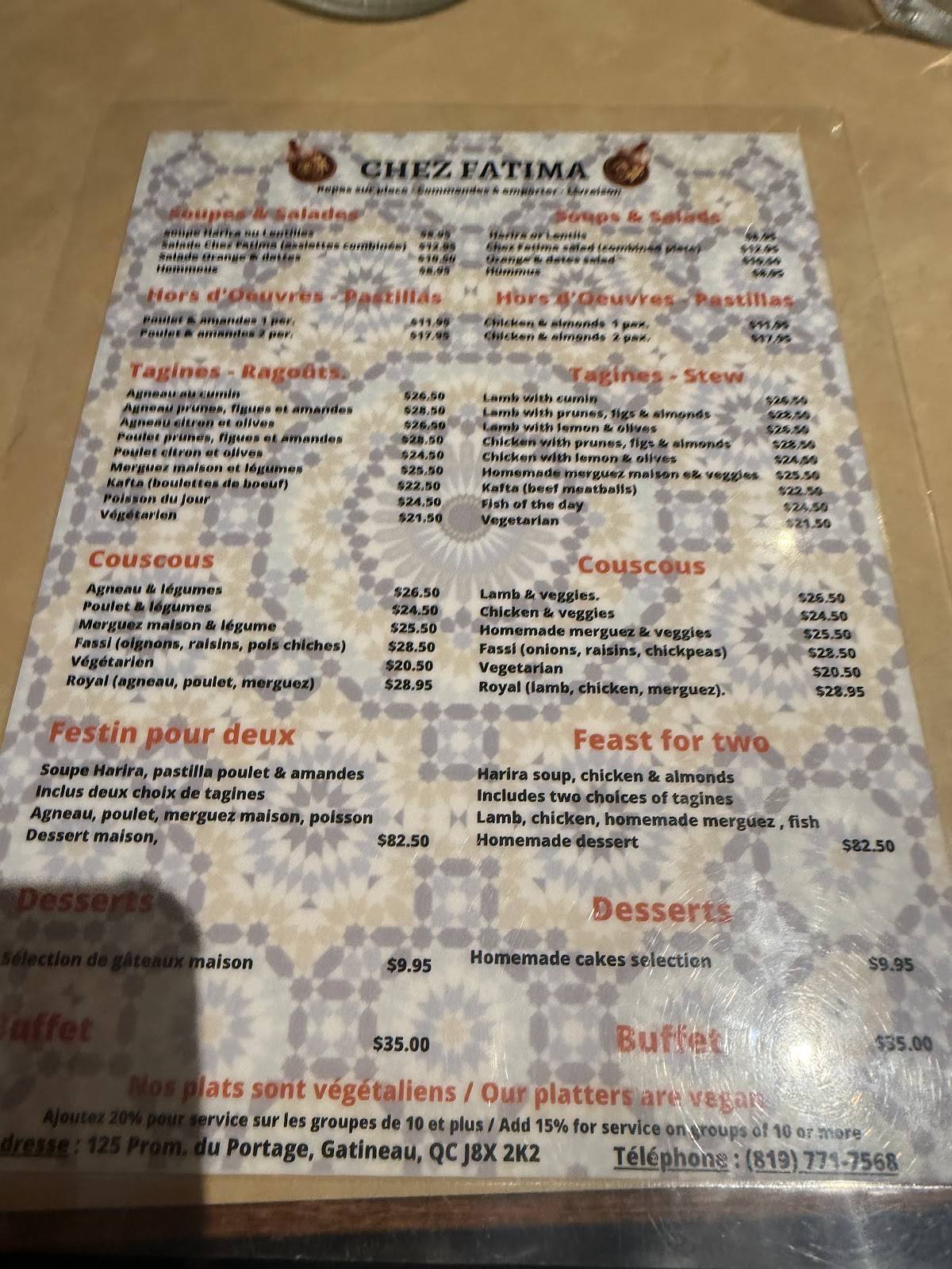 Menu de Chez Fatima