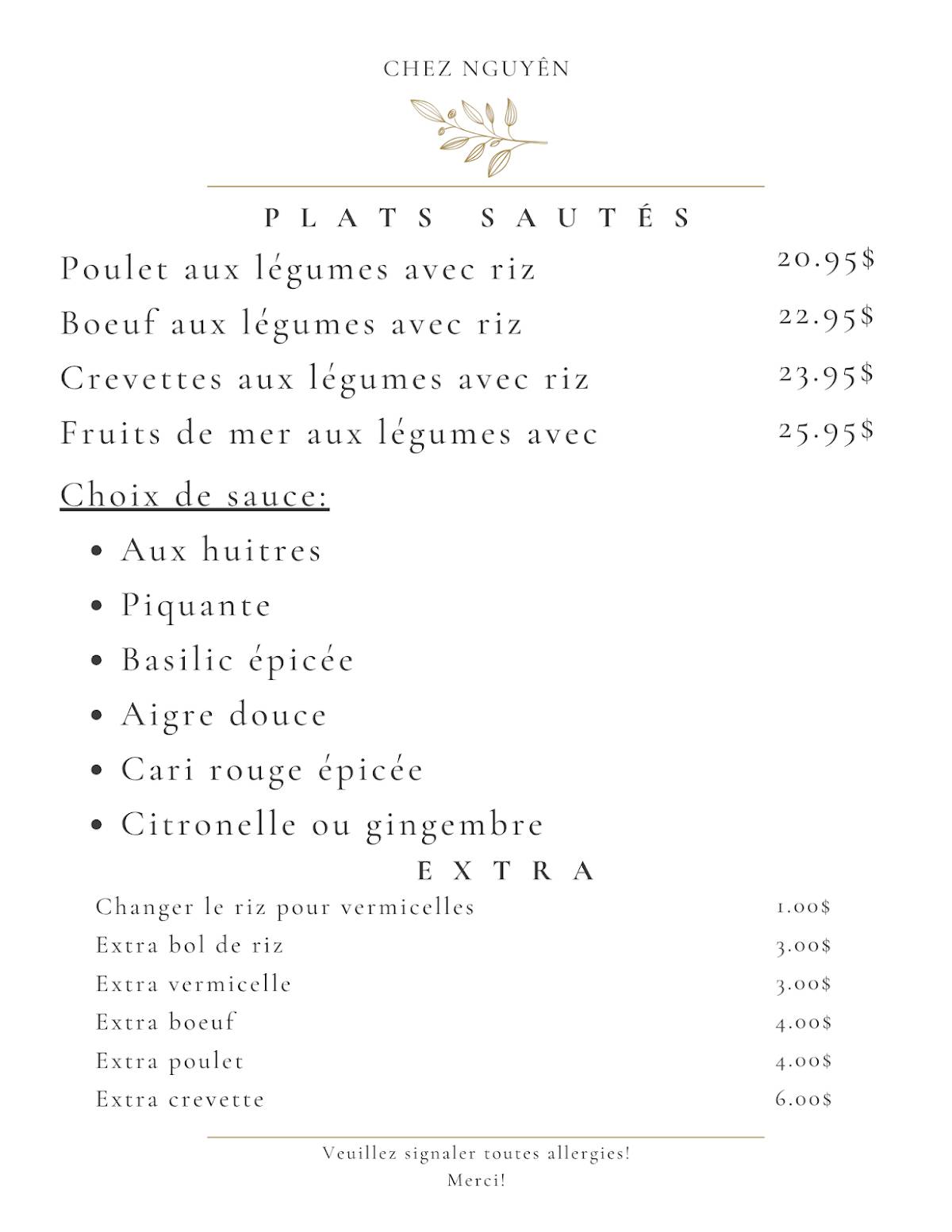 Menu de Chez Nguyen