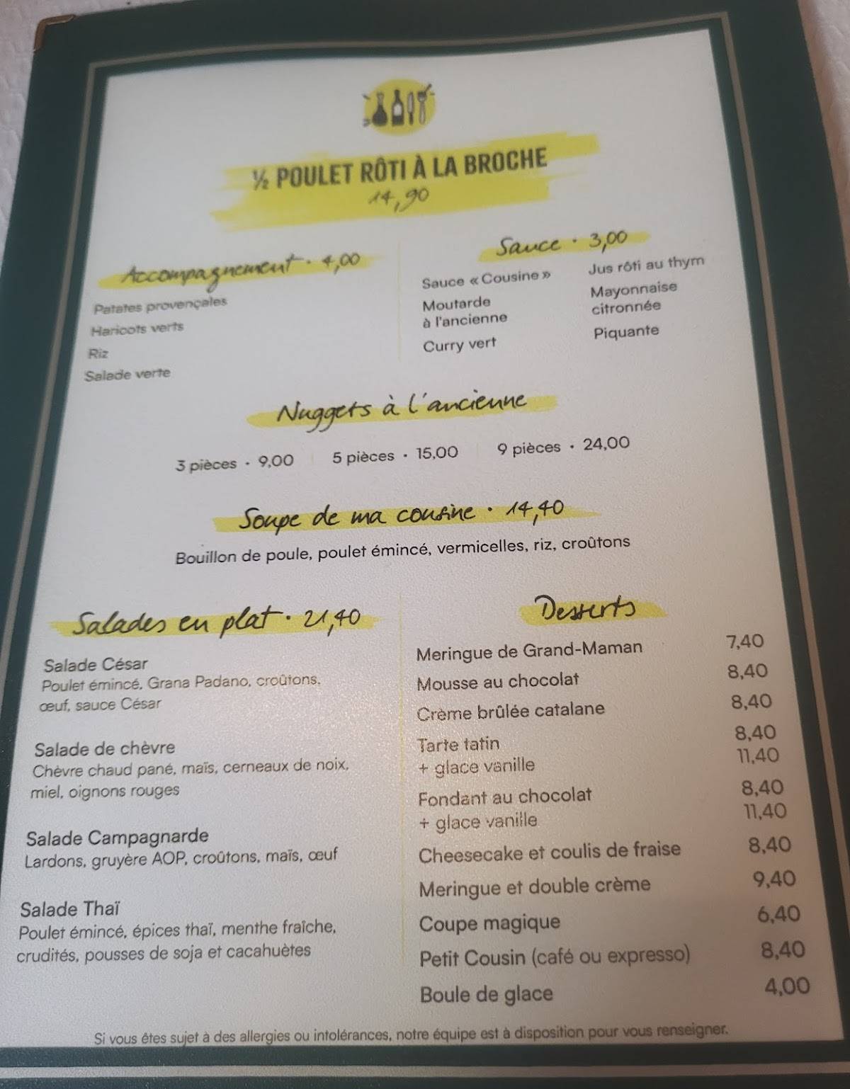 Menu di Chez ma cousine Lissignol 