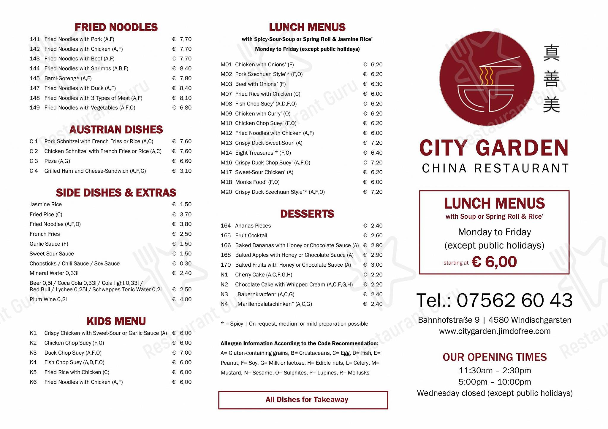 Speisekarte von China Restaurant City Garden, Windischgarsten