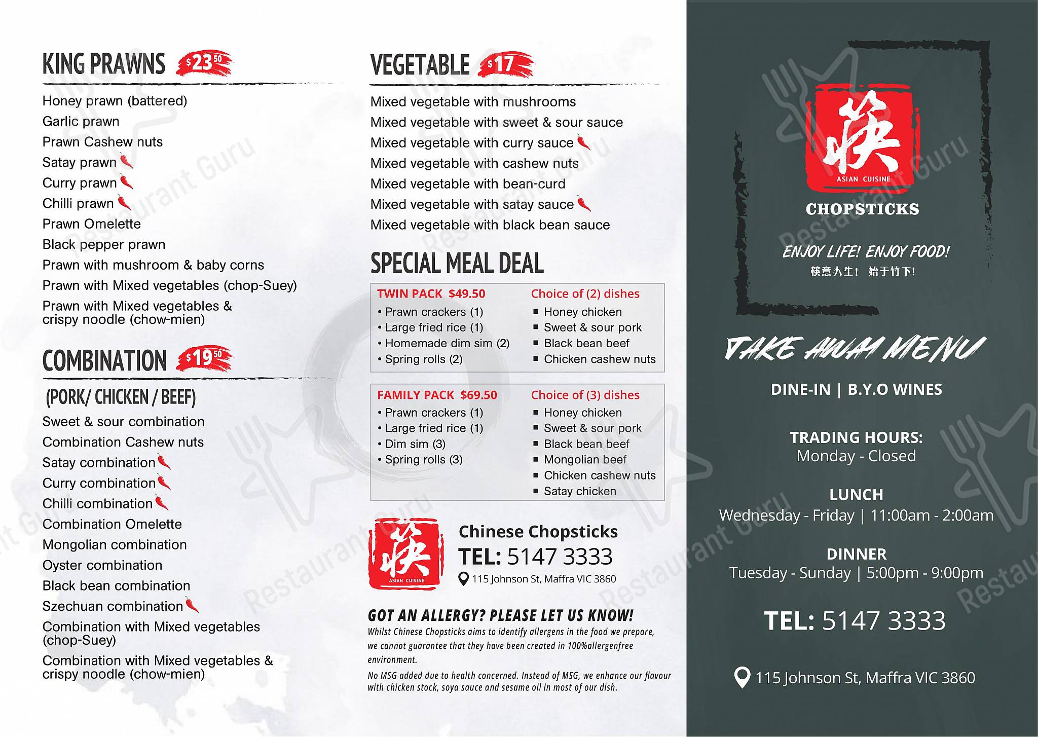 Menu at Chinese Chopsticks fast food, Maffra