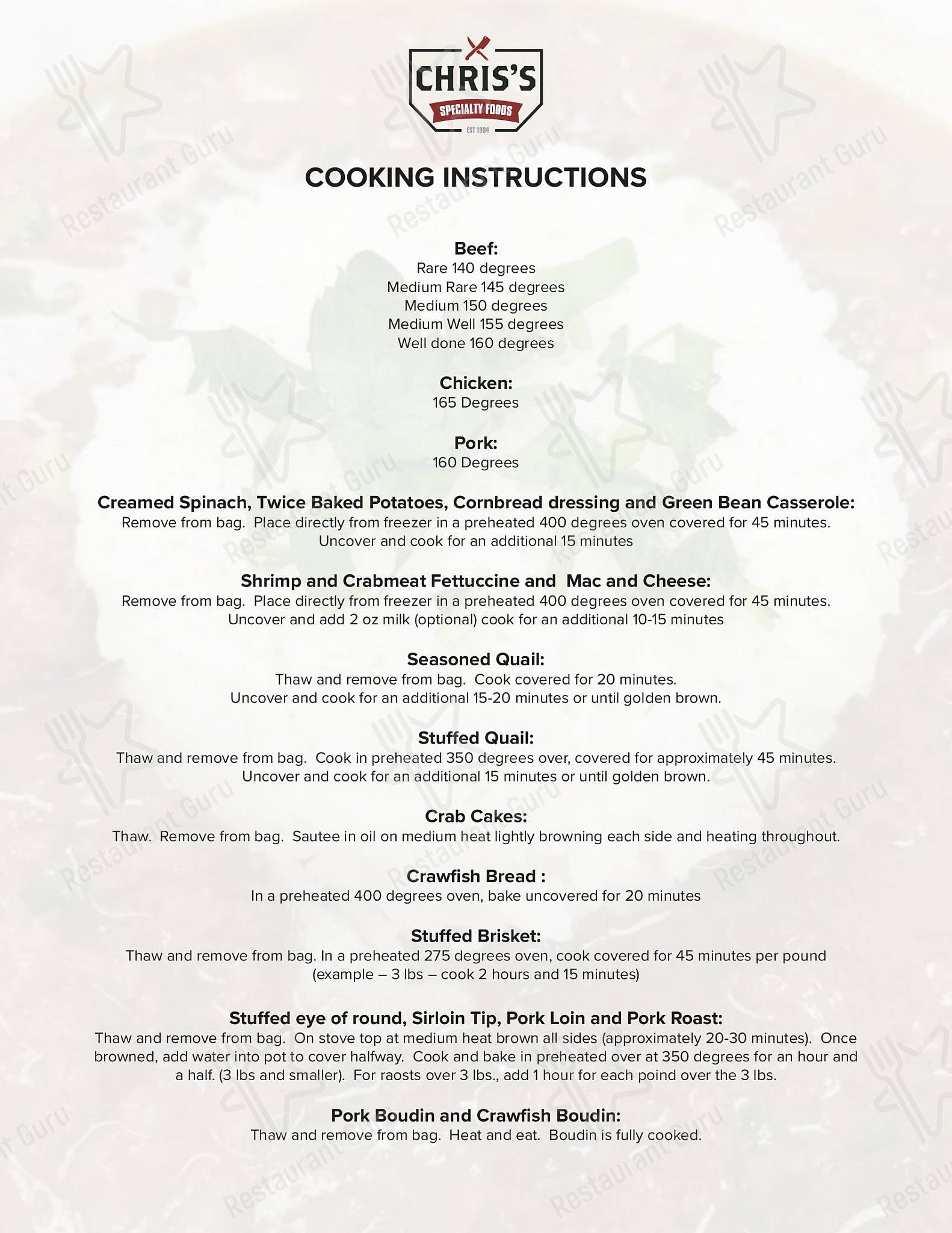 Menu at Chris' Specialty Meats restaurant, New Orleans