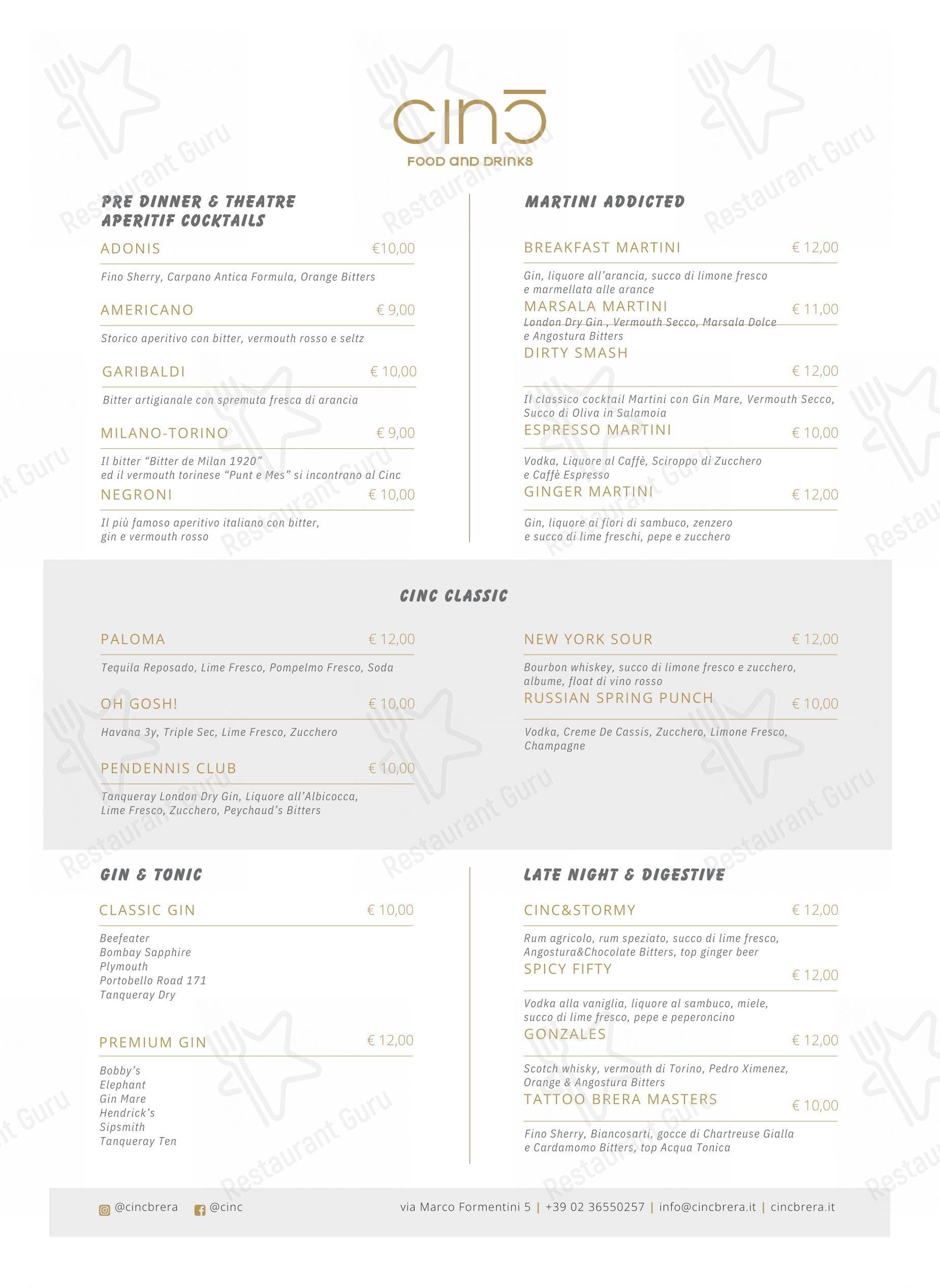 Cinc in Milano - Menu