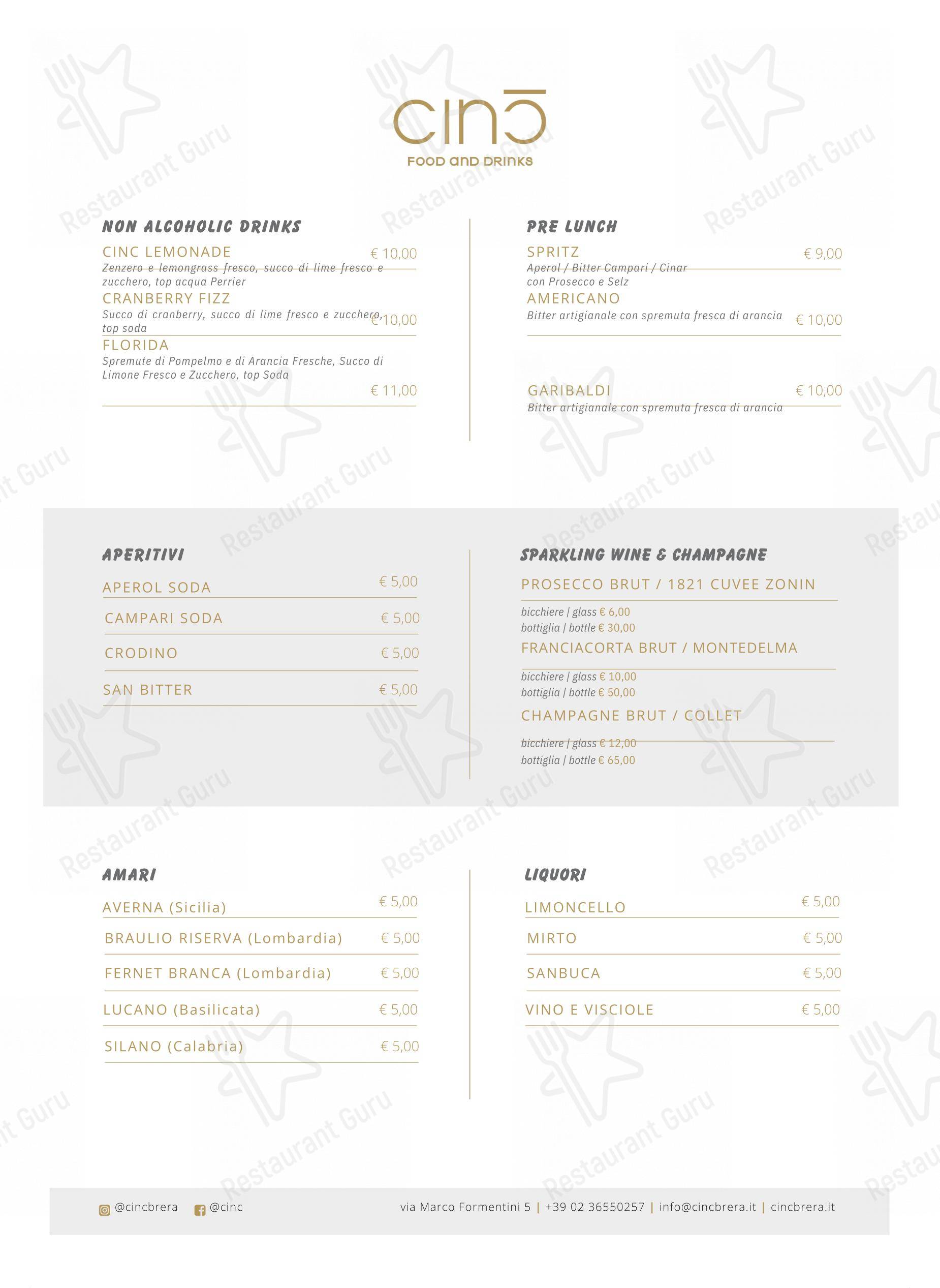 Cinc in Milano - Menu