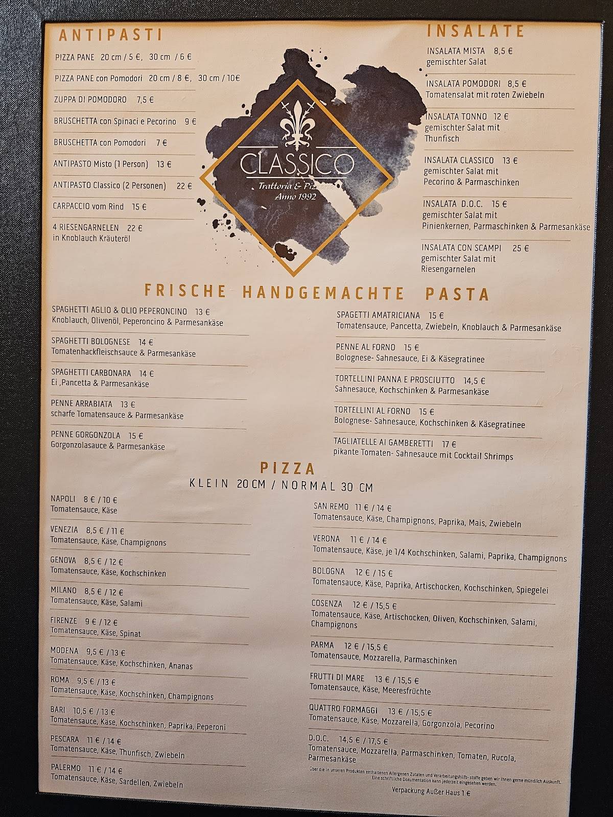 Speisekarte von Classico Pizzeria & Trattoria, Lindhorst Speisekarte von Classico Pizzeria & Trattoria, Lindhorst