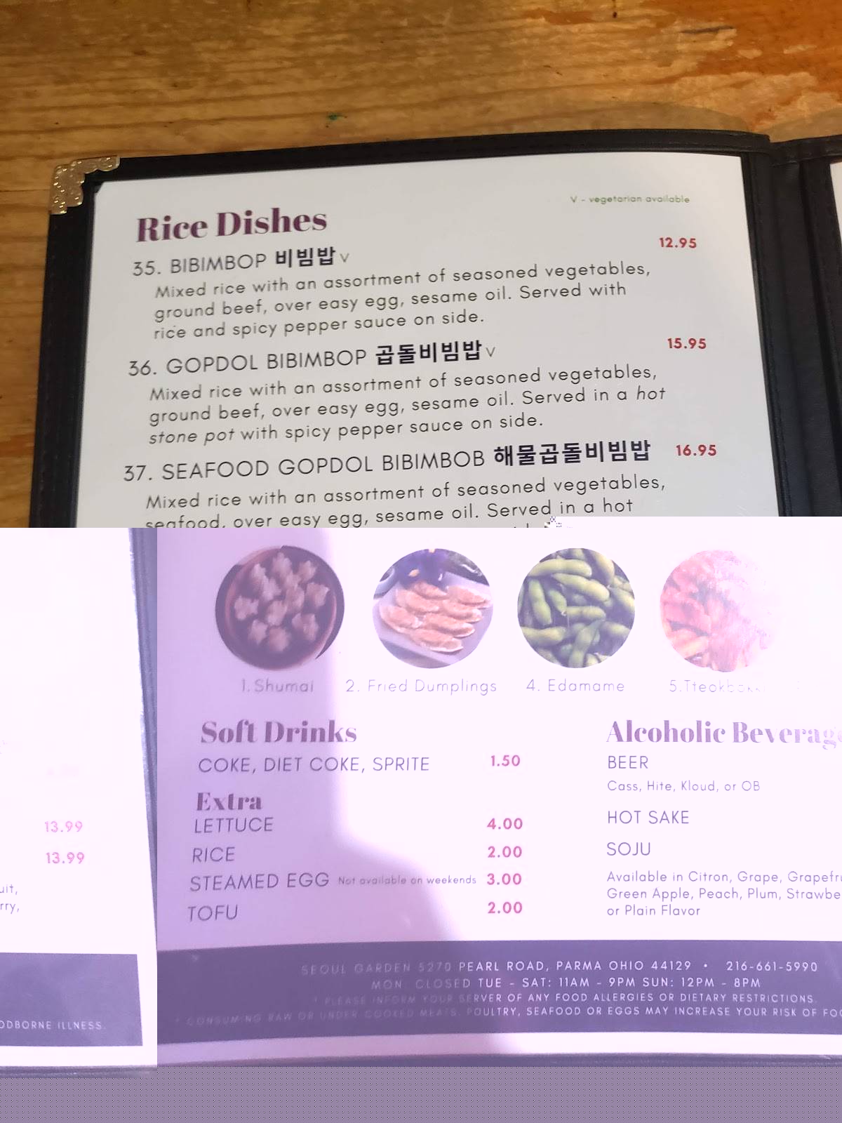 Menu at Seoul Garden Restaurant, Parma