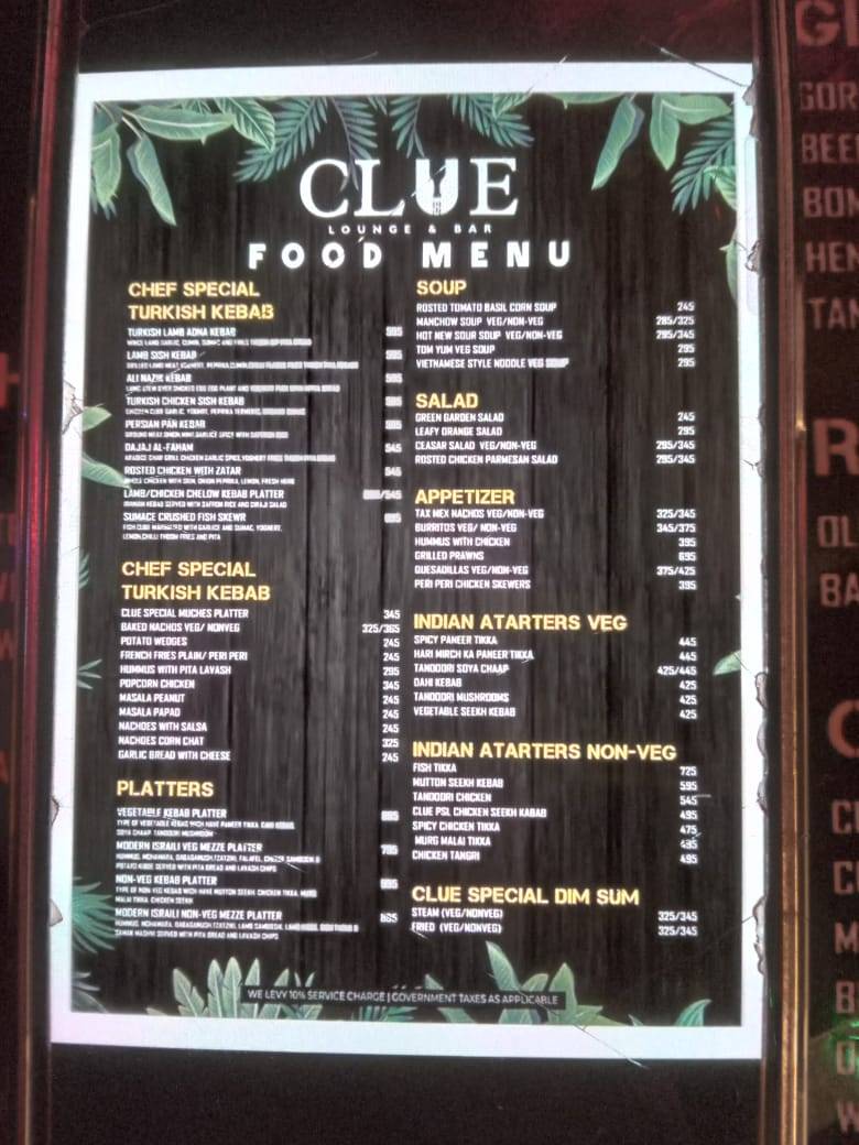 Clue Lounge and Bar menu