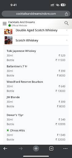 Cocktails and Dreams Indore menu