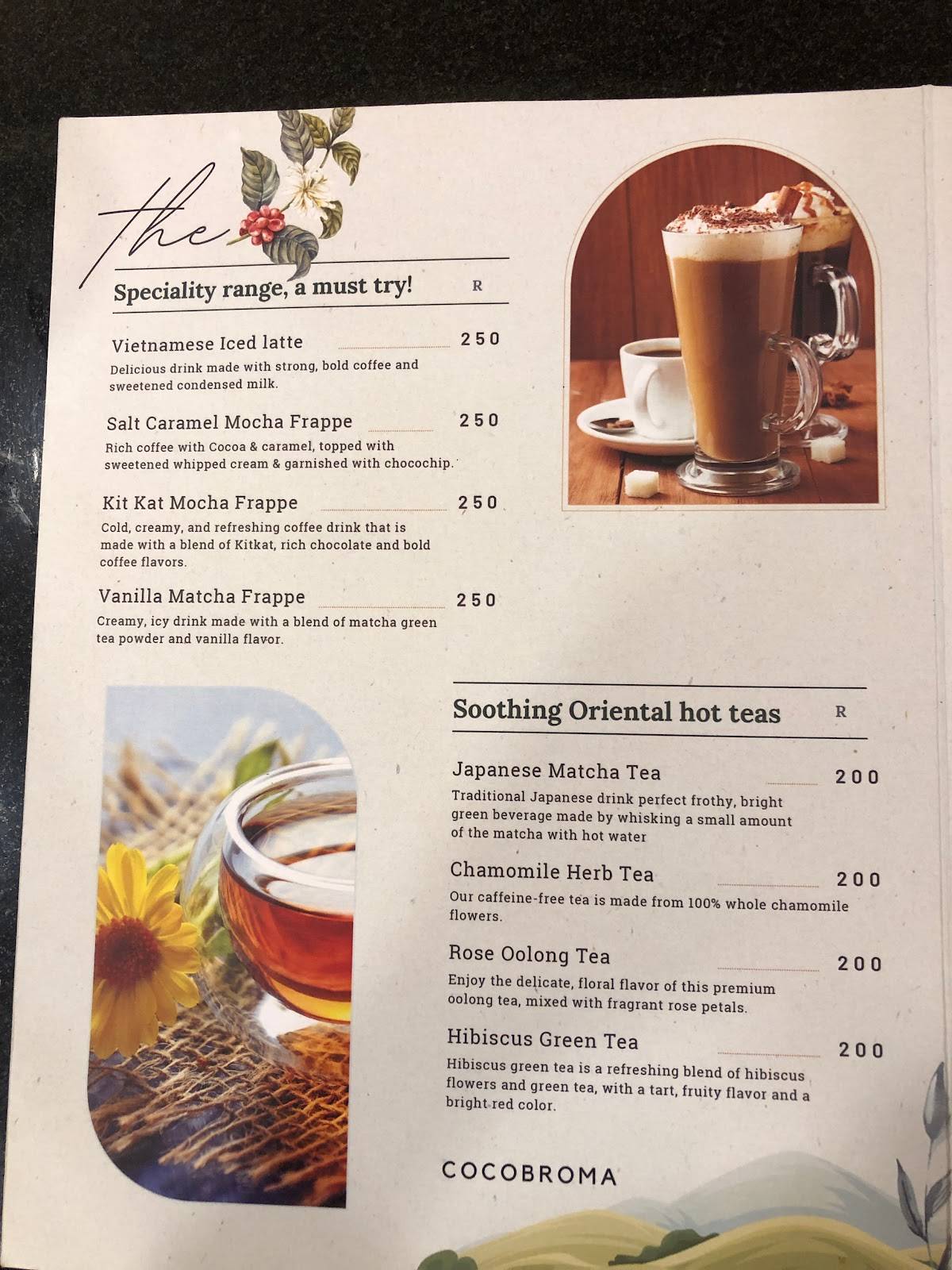 CocoBroma Coffee Thakur Village menu