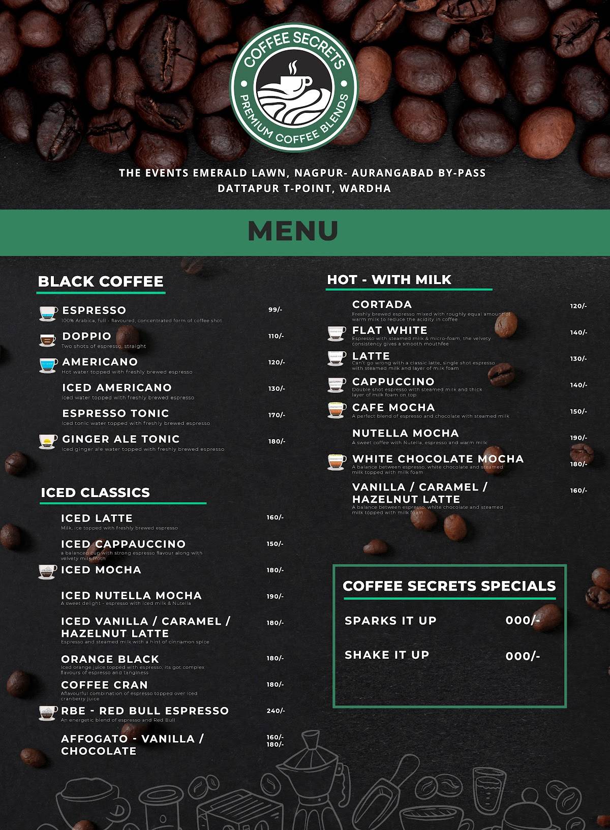 Coffee Secrets menu