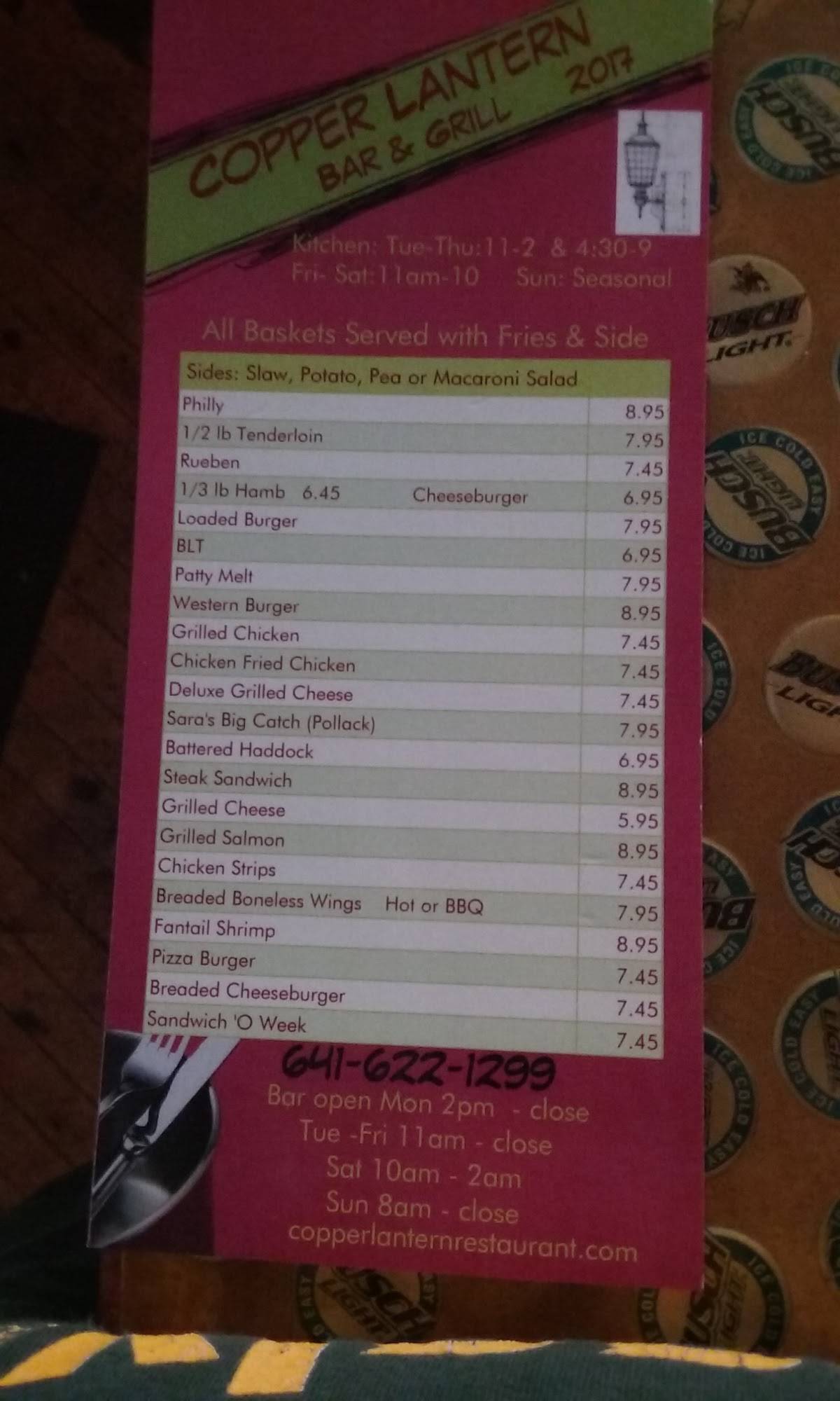 Menu at Copper Lantern restaurant, Sigourney