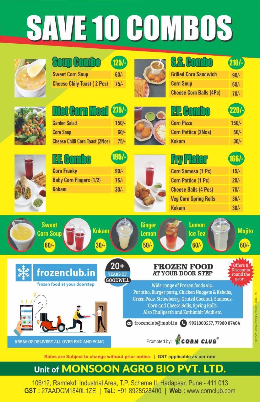 Corn Club menu