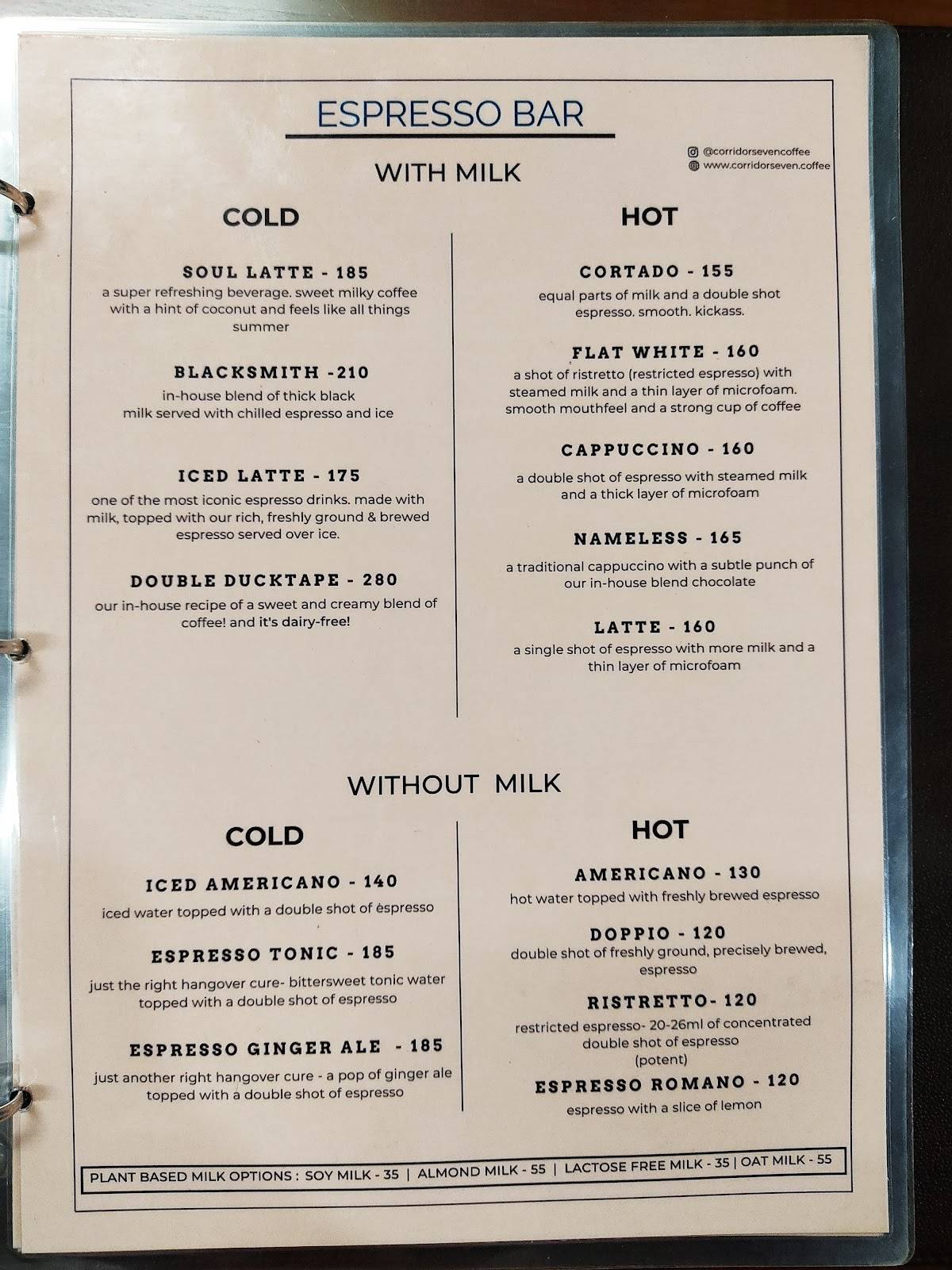 Corridor Seven Coffee Roasters menu