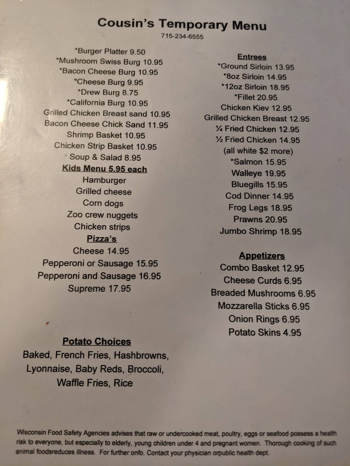 Menu at Cousins Hide A Way steakhouse, Haugen