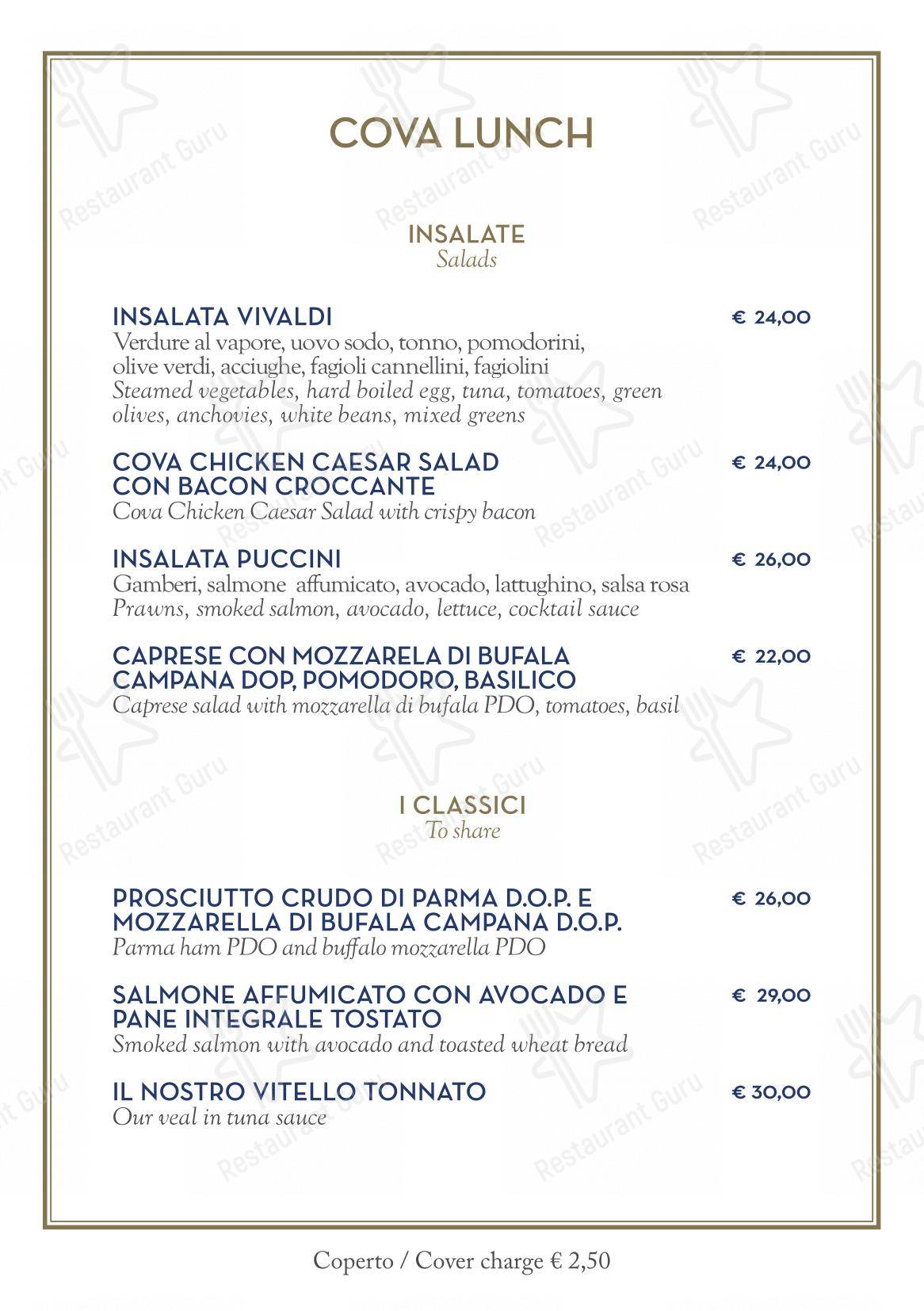 Menu per Cova Montenapoleone pasticceria