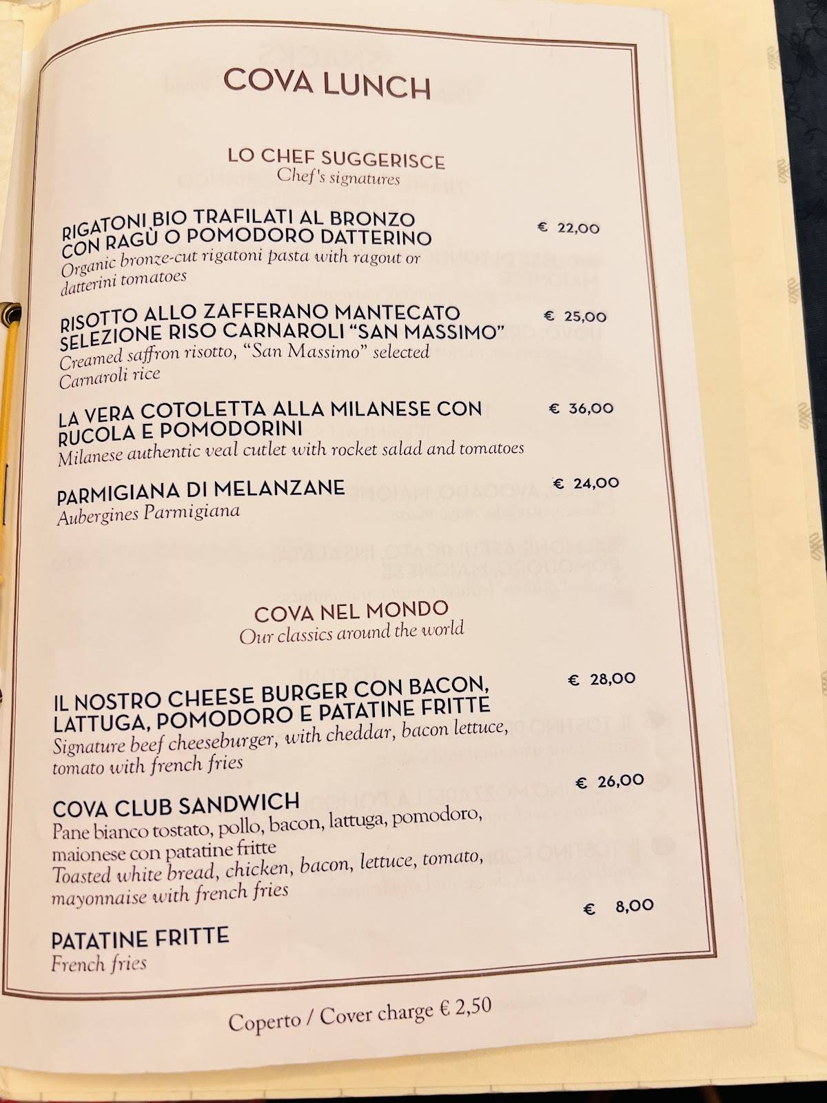 Menu di Cova Montenapoleone 