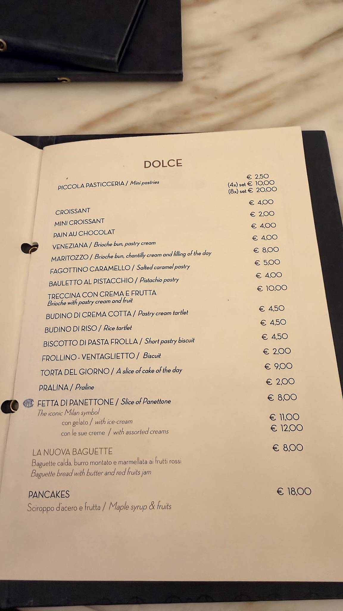 Menu di Cova Montenapoleone 