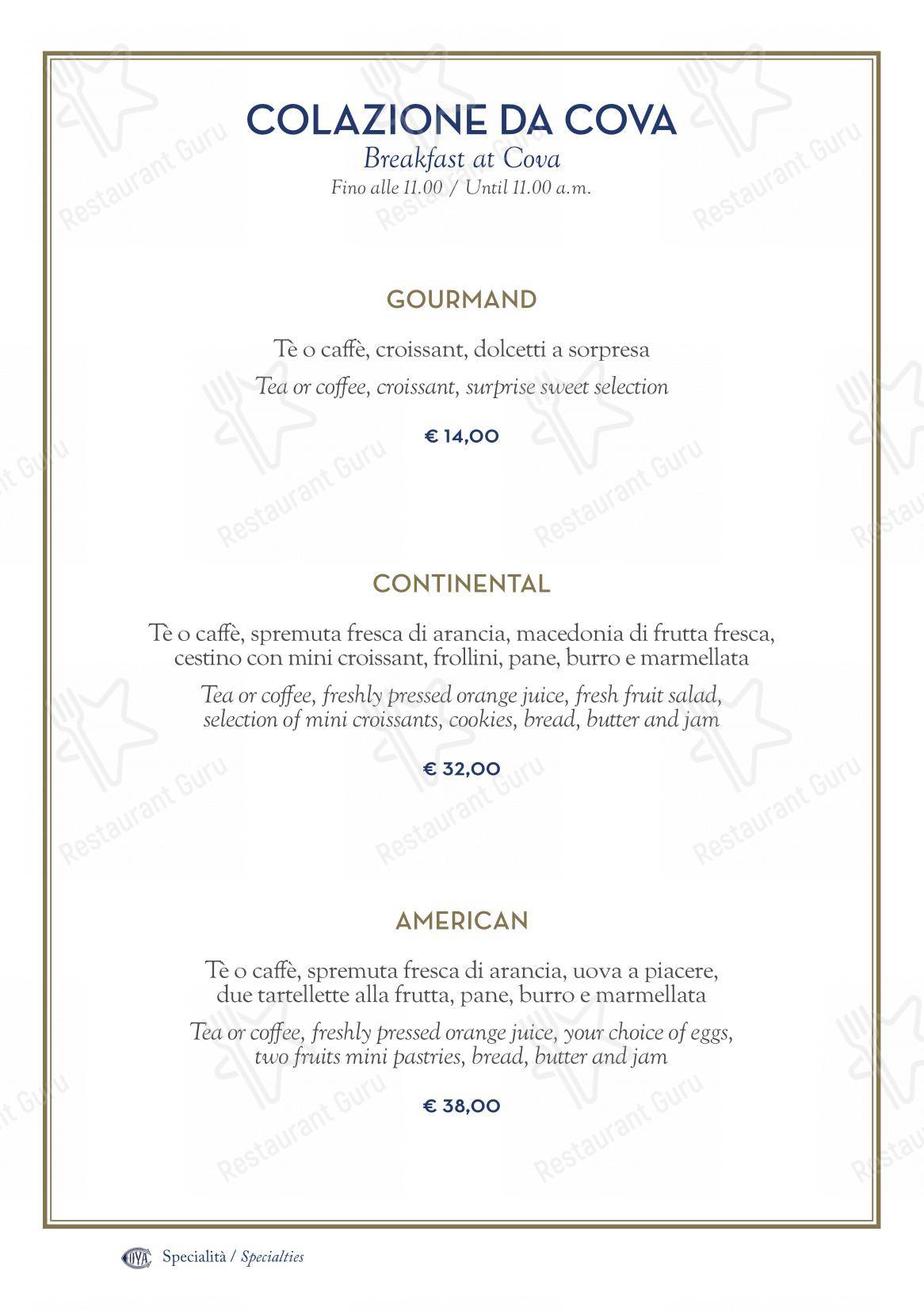 Menu per Cova Montenapoleone in Milano
