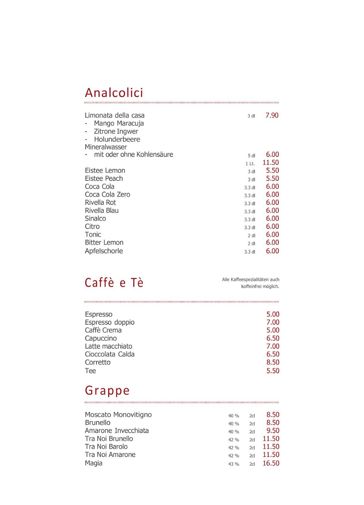 Menu di Cucina Niederdorf 