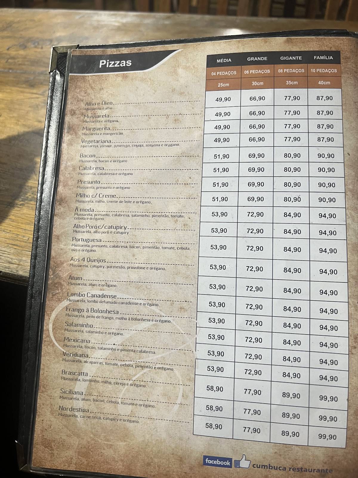 Cumbuca Restaurante e Pizzaria cardápio