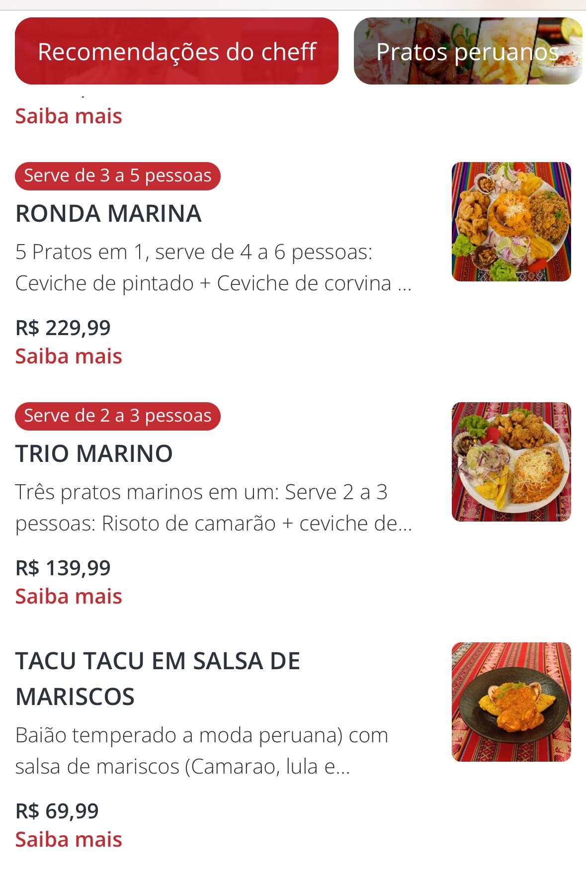 Cuzco Restaurante - Culinária Peruana e Regional cardápio